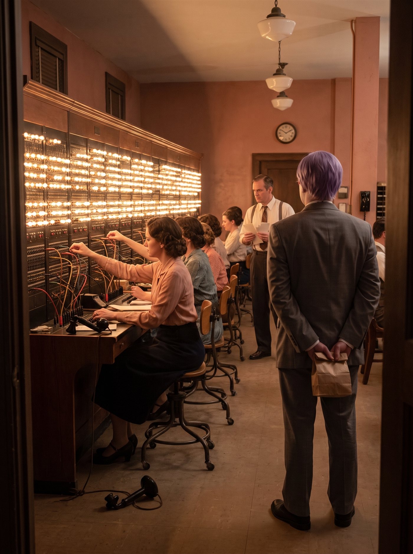 A photograph of the interior of an old telephone exchange late at night, a long room in warm dim lamplight with a dusty rose cast — terracotta walls gone pale and dry. Down the length of the room runs a tall vintage switchboard wall, and every jack lamp on it is lit at once, hundreds of small warm lights, patch cords crossing in dense tangles. A row of operators sits shoulder to shoulder, headsets on, arms reaching over each other to pull and seat cords, working flat out; a supervisor in shirtsleeves paces behind the chairs with his hands full of blank call slips. On a near desk a candlestick telephone lies off its cradle. At the end of the center aisle, seen from behind, stands a man in full clown makeup and a grey suit a half size too big — tidy lavender side-parted hair — perfectly still amid the urgency, facing the lit board, his hands clasped behind his back holding a small brown paper bag.