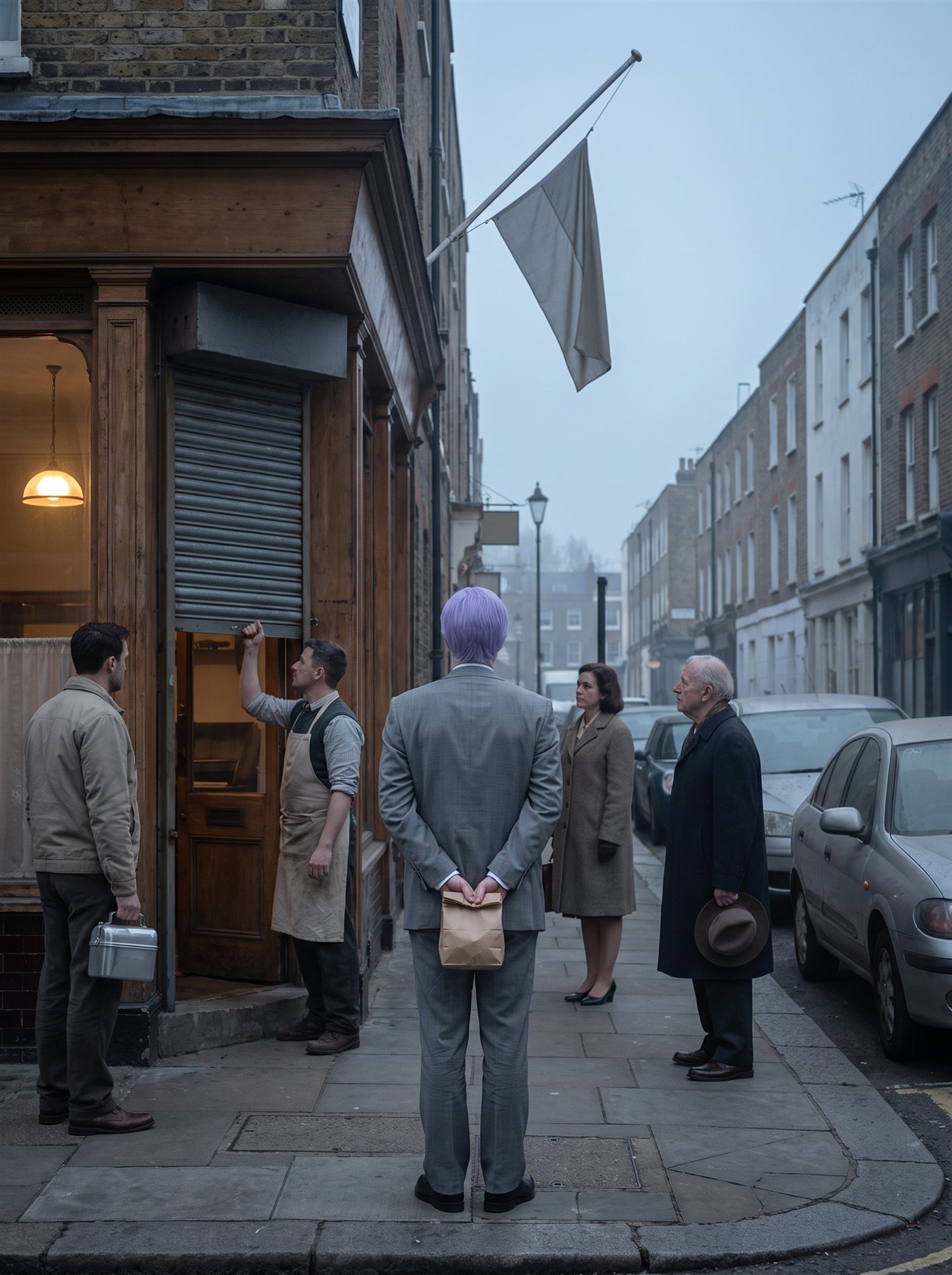 A photograph of a narrow old commercial street on an early grey morning, the light a cold steel grey with an iron-blue cast, the air still and faintly hazed. Every shopfront is closed behind rolled-down metal shutters except one: at a single old storefront a keeper in a work apron turns the long crank pole, winding the shutter up — it is half-raised, one small lamp on inside. Above the door a plain flag hangs at half mast, unmoving. On the sidewalk a few passersby have stopped mid-step to watch the shutter rise — a man with a lunch pail, a woman in a coat, an older man with his hat held at his chest — nobody speaking. Among them, seen from behind, stands a man in full clown makeup and a grey suit a half size too big — tidy lavender side-parted hair — perfectly still, facing the half-raised shutter, his hands clasped behind his back holding a small brown paper bag.