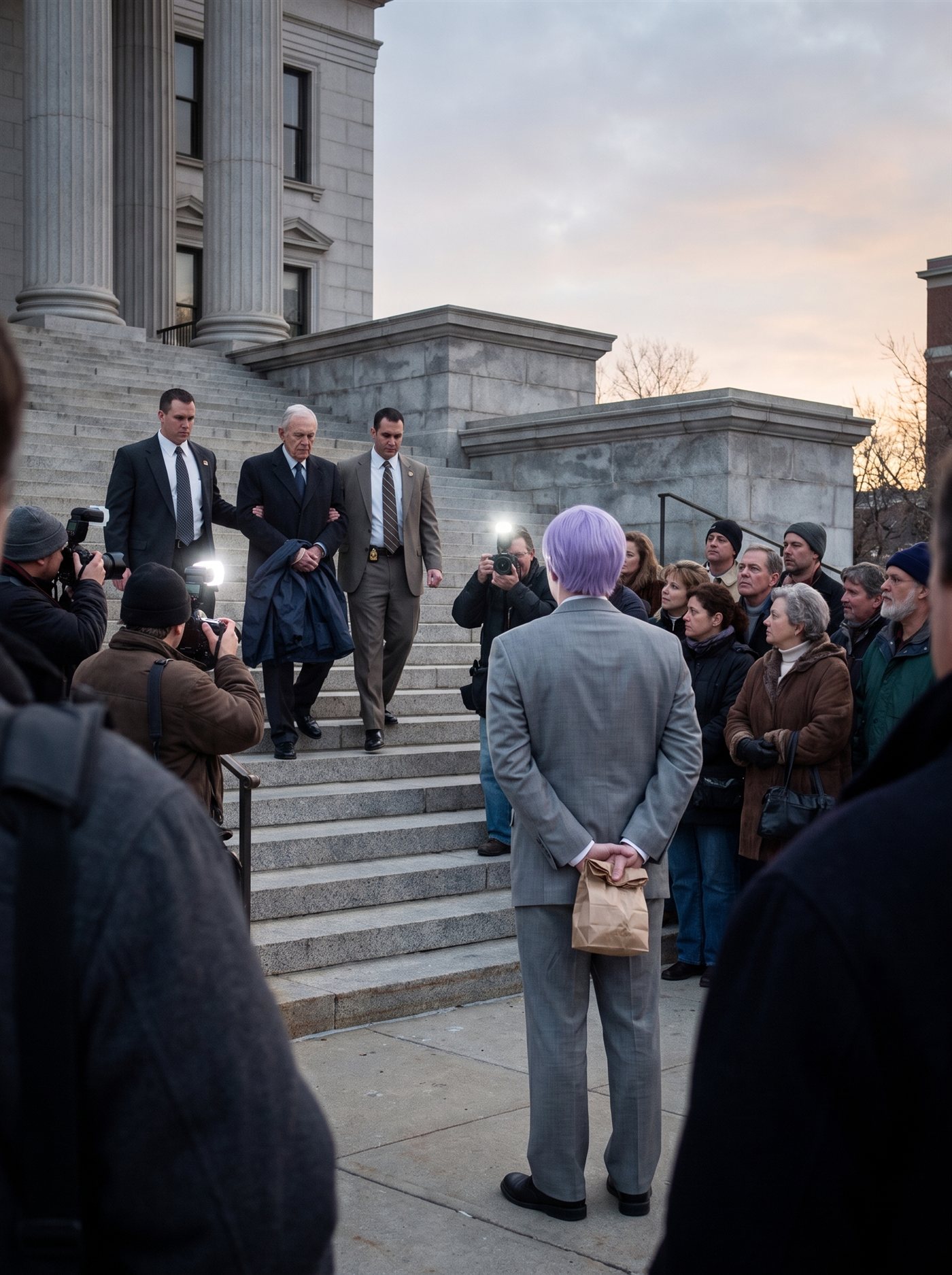 A photograph of the broad stone steps of an old granite courthouse at first light, the sky a cold grey-apricot — dawn colors at their coldest. Down the steps two plain-suited officers escort an elderly man in an expensive dark suit, a raincoat draped forward over his wrists, his head up, dignified and ruined. At the foot of the steps a knot of press photographers with early-2000s cameras fire their flashes — hard small bursts of white in the grey light — and a modest crowd of ordinary people watches in a mood that is not quite anger and not quite relief. At the back of the crowd, seen from behind, stands a man in full clown makeup and a grey suit a half size too big — tidy lavender side-parted hair — perfectly still while the crowd cranes forward, his hands clasped behind his back holding a small brown paper bag.