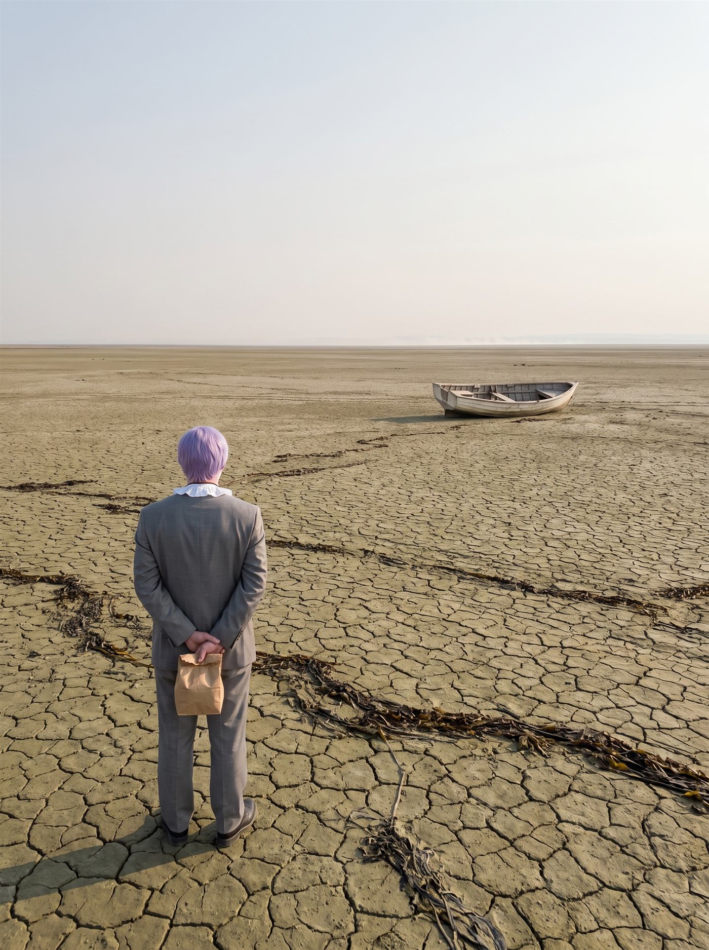 A photograph of a vast dried lakebed under a huge pale autumn sky, mid-afternoon, the light flat and exhausted. The ground is cracked dry mud in olive-tan and khaki, the polygonal cracks running to a dead-level horizon with a faint heat shimmer. Lines of long-dead water weed lie in old tide rows across the mud. Far out, a small wooden rowboat lies stranded on its side, hull bleached, kilometers from any water — there is no water anywhere in the frame. Nothing moves. In the middle distance, small in the vastness and seen from behind, stands a man in full clown makeup and a grey suit a half size too big — tidy lavender side-parted hair — perfectly still on the cracked mud, facing the stranded boat and the empty horizon, his hands clasped behind his back holding a small brown paper bag.