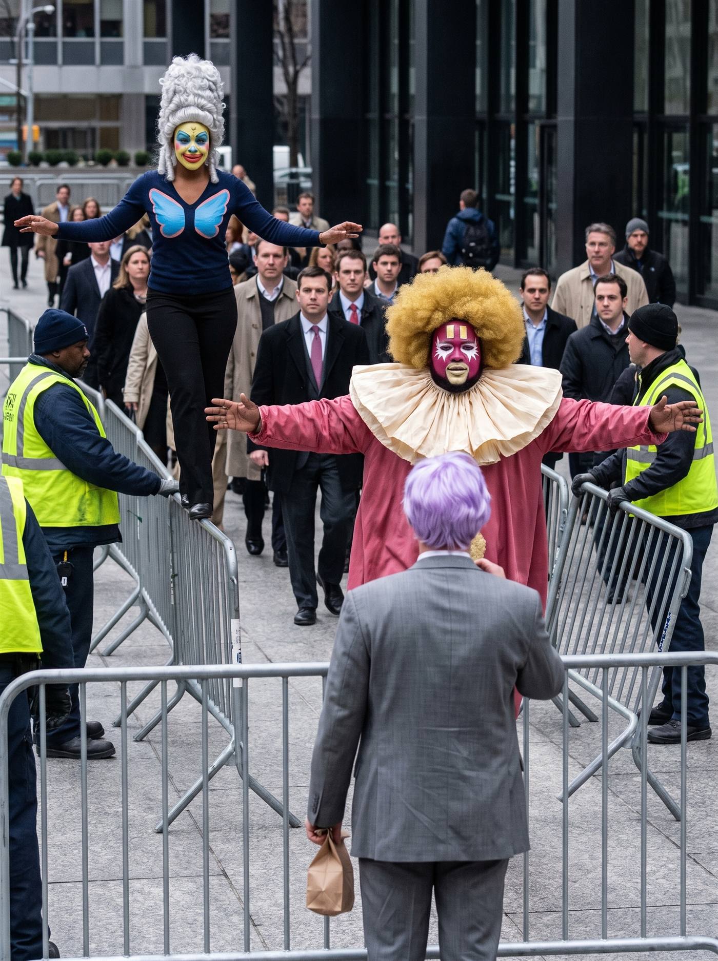 A color photograph of a city plaza on a grey March afternoon in 2003, where workers are lifting away the interlocking steel crowd barriers that have penned the sidewalk for weeks. Through the first gap strides an enormous clown, rose-magenta face with white starbursts around both eyes, a broken gold bar across his forehead, a huge bright-gold afro and a giant cream ruffled collar — arms spread wide, mid-laugh, the first man through. Along the top rail of a barrier still standing walks a woman clown in butter-yellow facepaint with blue winged eye patches and a towering silver-white wig, arms out, weightless, perfectly balanced above the celebration. To one side, outside the moving crowd, behind a section of barrier not yet removed, stands a smaller man in a too-big grey suit and white makeup with painted rose spectacle rings, a paper bag held at his waist, watching them go through — just outside the frame of it, glowing anyway.