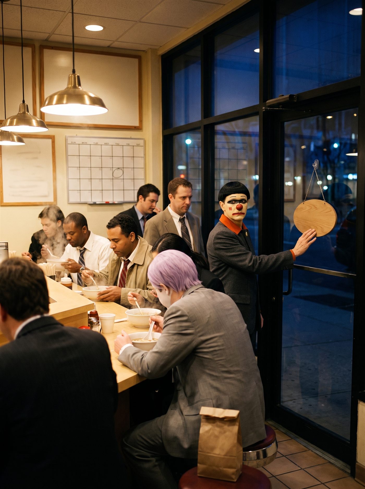 A color photograph of a small warm New York noodle counter on an October night in 2007, full to the last stool — office workers in loosened ties eating under hanging lamps, steam rising, coats on hooks, dark blue windows. At the front door a lean clown in a charcoal suit with an orange-red pointed collar, an ivory-painted face with a dark band across the eyes, a vermilion nose and a long flat unimpressed mouth stands with one hand on the door's blank hanging sign, caught in the exact act of turning it over — closing while the room is still full — his face turned back across his customers. Beside the door hangs a wall calendar of blank squares with a single square circled. At mid-counter a man in a too-big grey suit eats with his head bowed, seen entirely from behind, a paper bag at his hip.