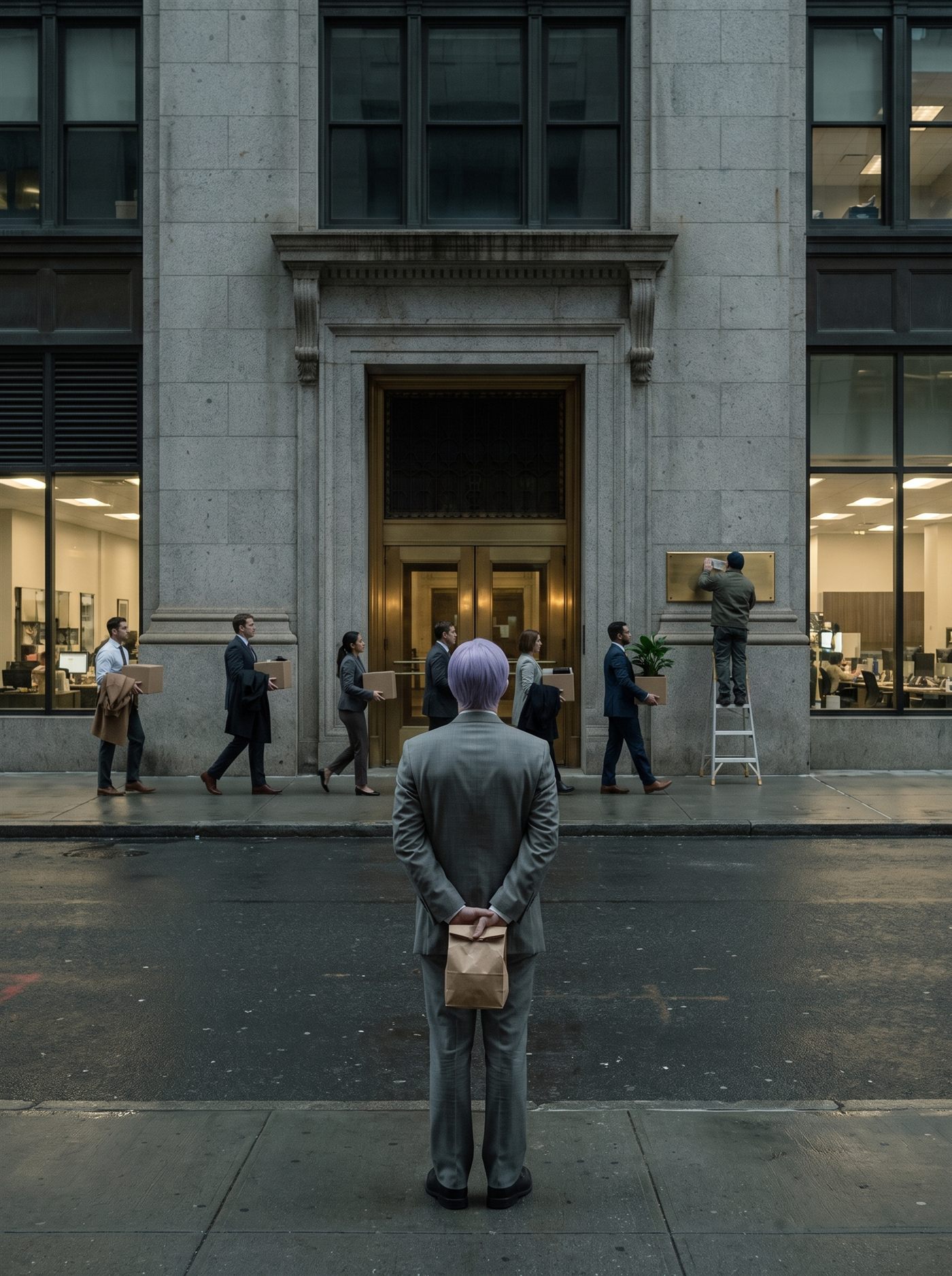 A photograph of a grand old granite building on a city street under a flat grey-green overcast evening. The building is being emptied: through its tall brass-framed doors a quiet single file of men and women in office clothes carries out plain cardboard boxes — a box each, a coat over an arm, one man carrying a potted plant — down the wide stone steps and away along the sidewalk. At the doorway a workman on a stepladder is unscrewing a long blank brass nameplate from the granite. The building's tall windows are going dark floor by floor; the buildings on either side remain fully lit and busy. On the opposite sidewalk, seen from behind, stands a man in full clown makeup and a grey suit a half size too big — tidy lavender side-parted hair — perfectly still, facing the emptying house, his hands clasped behind his back holding a small brown paper bag. No one hurries; there is nothing to hurry for.
