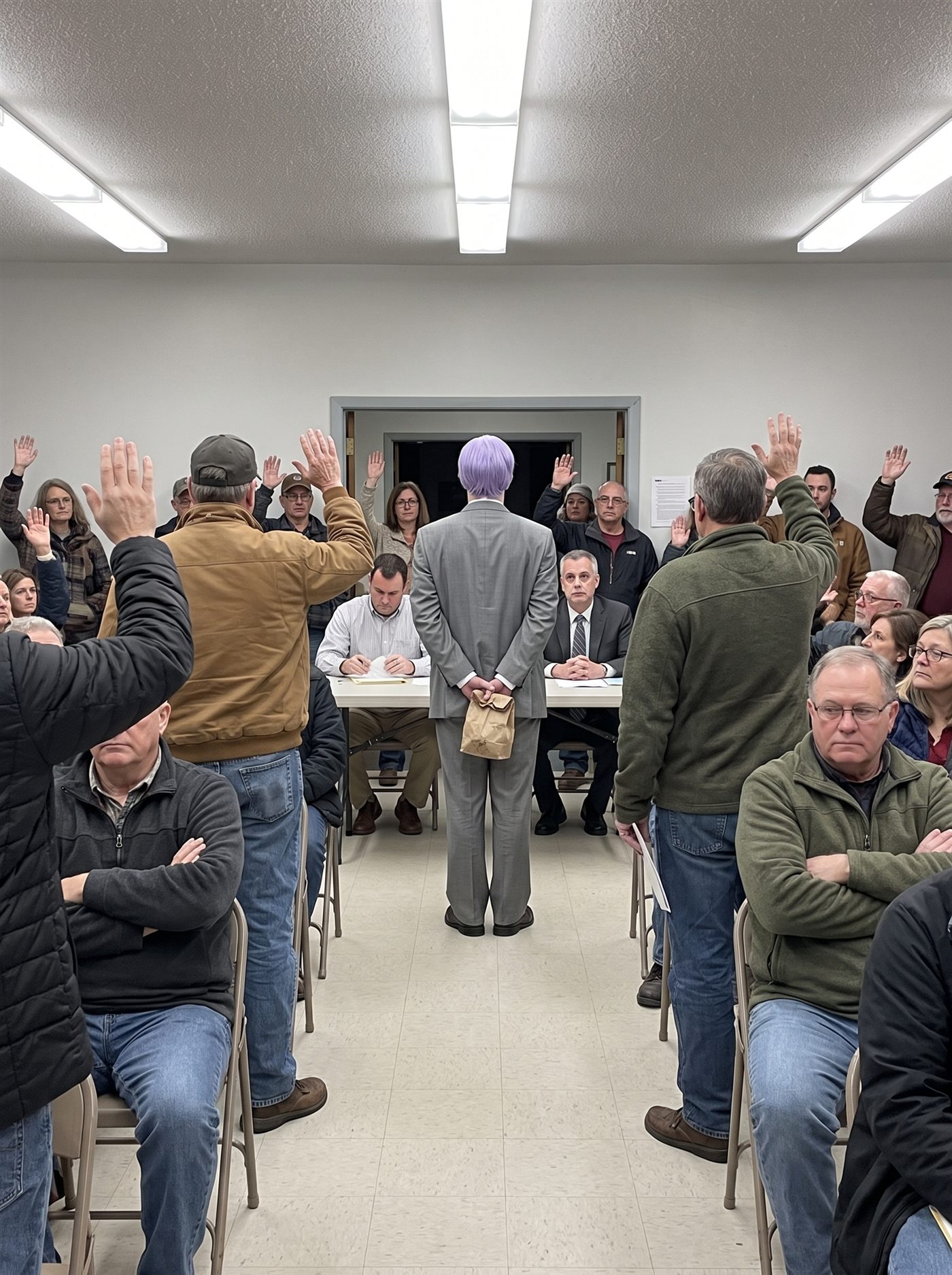 A photograph of the inside of a plain municipal meeting hall on an autumn afternoon, packed to standing room, lit by flat pallid fluorescent tubes that drain the color from everything. Rows of folding chairs full of ordinary townspeople, and across the room a vote is being taken by show of hands — many arms raised stiffly to be counted, others sitting with arms folded hard. At the front a clerk stands mid-count, finger out; beside the table an official watches with a face gone grey. At the very back of the hall, standing against the wall behind the last row and seen from behind, is a man in full clown makeup and a grey suit a half size too big — tidy lavender side-parted hair — perfectly still, facing the raised hands, his hands clasped behind his back holding a small brown paper bag.