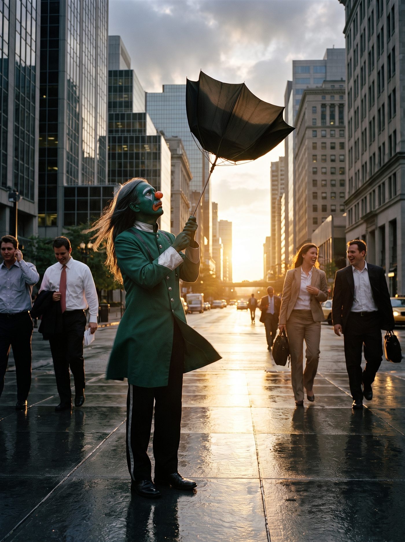 A color photograph of a financial-district sidewalk at evening in late October 2008, just after a hard rain has stopped — the pavement mirror-wet, low golden light flooding up the street between dark buildings. In the middle of the sidewalk a lean long-haired clown in a jade-green military-collar coat, his face painted deep green with a glossy orange nose, silver marks under the eyes, an orange downturned mouth and a real grey mustache, looks up in profile at his black umbrella — which an updraft has blown completely inside out, the canopy inverted skyward into a black tulip above his head, his long grey hair lifting in the same gust. Office workers stride past coatless and laughing in the gold light, none of them carrying umbrellas anymore, none of them looking at him. The one figure dressed for rain, undone by the weather turning good.