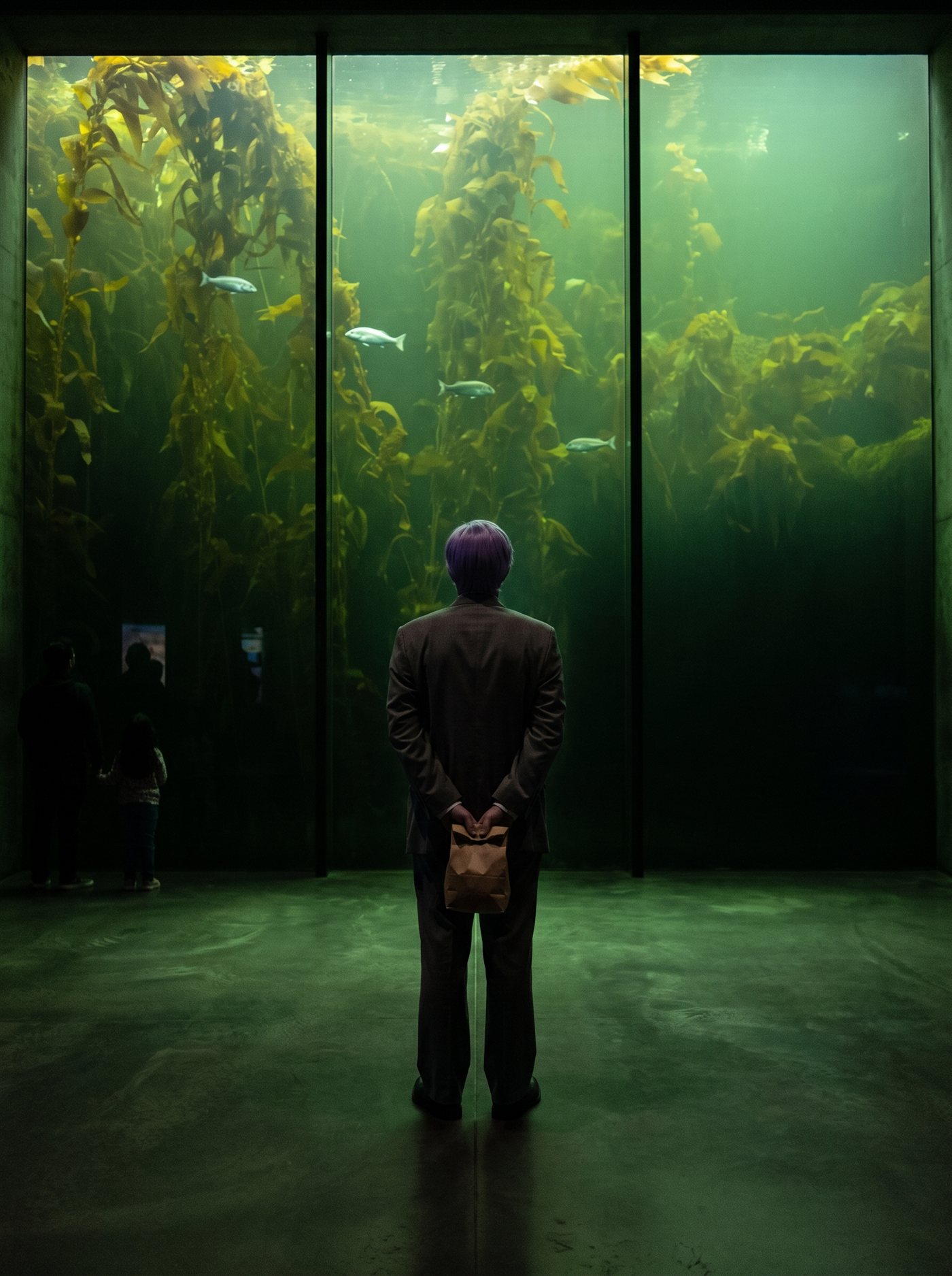 A photograph of the great deep-water tank hall of an aquarium, late in the day, nearly empty. One enormous wall of glass fills the frame. In the upper part of the tank a kelp forest hangs in cold olive-green water, lit faintly from above, small silver fish moving through it; below the kelp line the water darkens by degrees into a true lightless black. The dim hall is lit only by the tank's own green glow. At the center of the frame, close to the glass and seen from behind as a dark silhouette rimmed in green light, stands a man in a grey suit a half size too big — tidy lavender side-parted hair — perfectly still, dwarfed by the glass, facing the point where the kelp light gives out, his hands clasped behind his back holding a small brown paper bag.