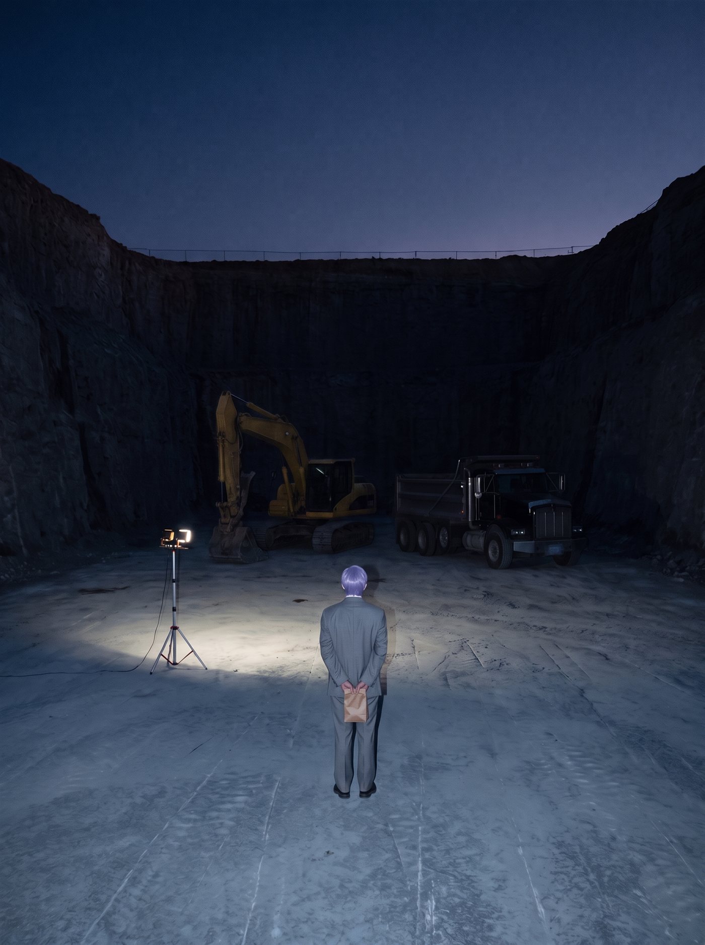 A photograph taken on the floor of a vast excavation pit in the last hour before dawn, the sky a near-black indigo just thinning at the rim high above. The digging has stopped: the pit floor is bare swept bedrock, grey-blue stone with faint drill scars, and there is nothing further down. An excavator and a dump truck stand parked and dark at the edge of the floor, engines off, a single work lamp on a tripod throwing one pale pool of light onto the stone. Small in the frame, at the edge of the lamplight and seen from behind, stands a man in full clown makeup and a grey suit a half size too big — tidy lavender side-parted hair — perfectly still, facing the bare stone and the dark machines, his hands clasped behind his back holding a small brown paper bag. Above the rim, the first grey light of morning.
