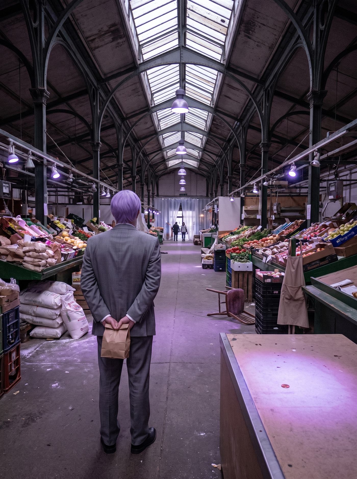 A photograph looking straight down the long central aisle of a vast old covered market hall in late afternoon, iron ribs and high dirty skylights overhead. Every stall on both sides is fully stocked and abandoned mid-transaction — produce stacked in crates, sacks of flour heaped by a post, a chair tipped over, an apron left hanging from a stall frame — and not one vendor or customer anywhere in the aisle. The overhead lamps are flickering on for the evening, washing the emptiness in a cold electric violet. On the bare counter of the nearest stall, alone in a pool of the violet light, lies a single small copper coin. Far away at the end of the aisle, tiny with distance, the first figures are just returning. In the near ground, alone, seen from behind, stands a man in full clown makeup and a grey suit a half size too big — tidy lavender side-parted hair — perfectly still, facing down the long empty aisle, his hands clasped behind his back holding a small brown paper bag. There is nobody near him.