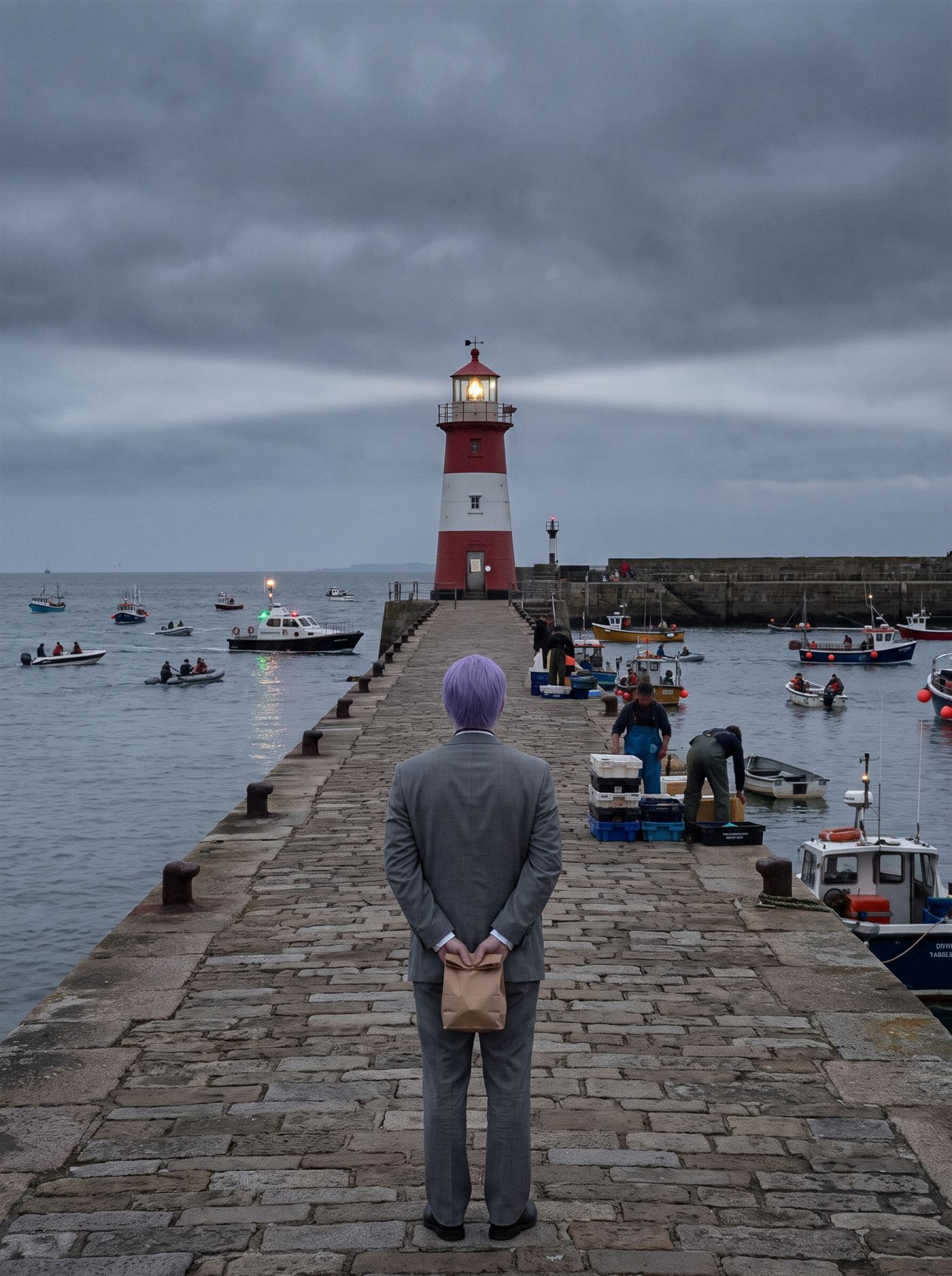A photograph of a small working harbor under a heavy iron-grey August evening sky, the light failing early. On the point at the harbor mouth stands a lighthouse painted in broad bands of deep red and white, the red dark and serious against all the grey; on its door, small at this distance, a single white paper notice is nailed, its text illegible. The lamp has just come on, its first slow beam swinging out over the water — and across the harbor the entire small fleet is coming home to it anyway: fishing boats, dinghies, a pilot launch, a dozen wakes converging on the point, riding lights on, as if the paper changed nothing. On the long stone jetty in the near ground, seen from behind, stands a man in full clown makeup and a grey suit a half size too big — tidy lavender side-parted hair — perfectly still, facing the red-banded lighthouse and the converging boats, his hands clasped behind his back holding a small brown paper bag. The fishermen unloading crates pay him no attention.