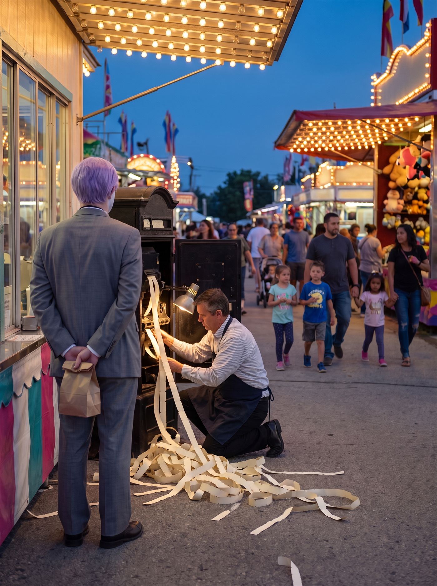 A photograph of a fairground midway at dusk, strings of warm bulbs against a deep blue evening. At center stands an old ticket booth with a heavy black cast-iron dispensing machine that has jammed on: an unbroken ribbon of blank ivory tickets pours from its slot, folding over the counter and down into a soft pale drift heaped on the ground like snow, clearly running a long time. An attendant in shirt sleeves kneels at the machine's open side panel with a work lamp, reaching into the mechanism. Around the booth the midway carries on at full swing — families with candy floss, kids running, glowing game stalls — and not one fairgoer notices the overflowing machine. A few steps back, seen from behind, stands a man in full clown makeup and a grey suit a half size too big — tidy lavender side-parted hair — perfectly still, facing the machine and its spilling ribbon, his hands clasped behind his back holding a small brown paper bag. Nobody looks at him.