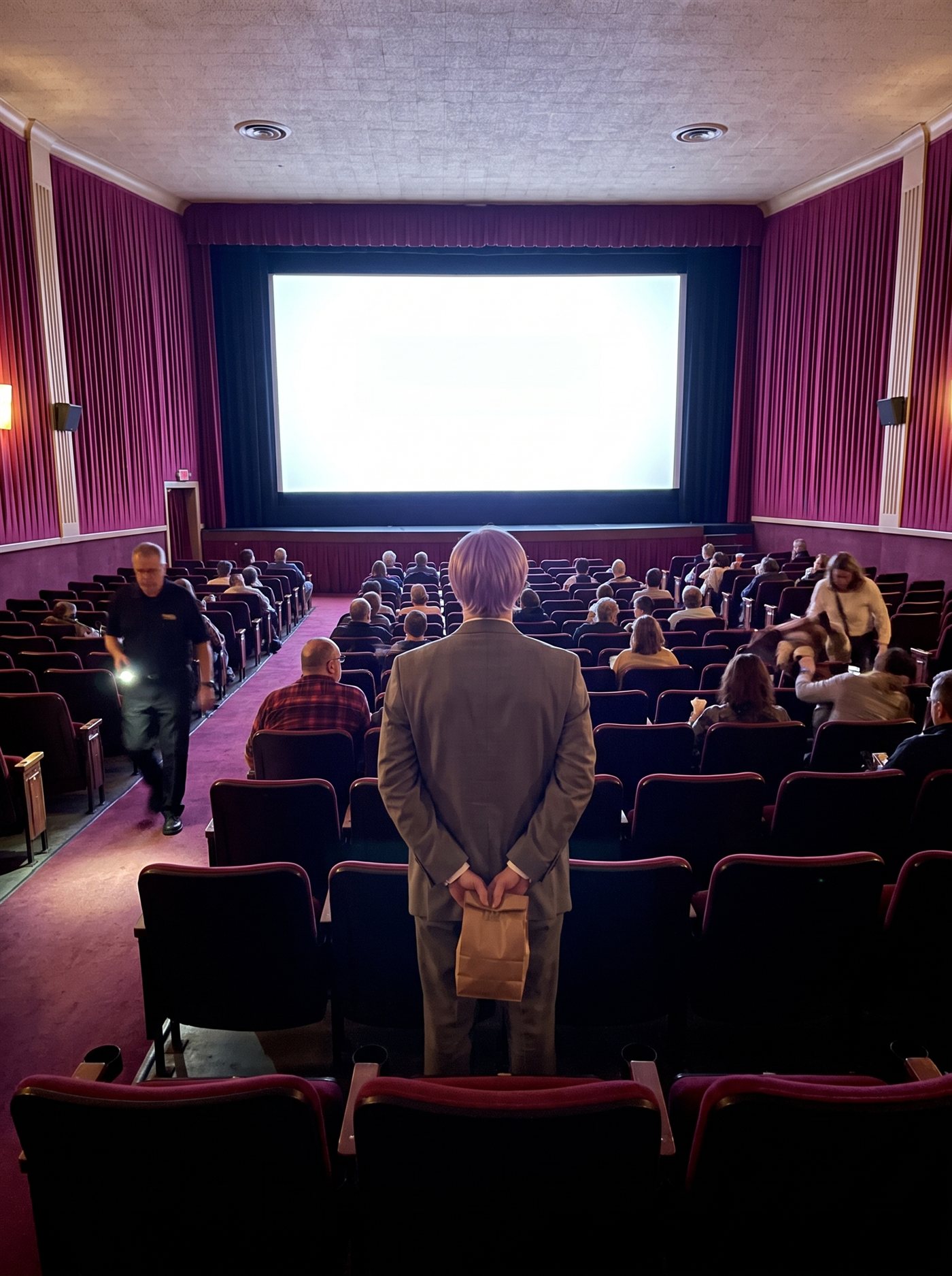 A photograph taken from the back of an old single-screen movie theater during a weekday matinee, looking down over rows of deep magenta velvet seats toward the screen. The picture has just come back on after a brief interruption: the tall screen glows a soft blank white, washing pale light over the front rows. The audience is resettling — most already seated again, a few still half-risen mid-return, one reaching for a dropped coat — heads silhouetted against the glow. An usher with a small flashlight, its beam low on the carpet, walks back up the side aisle. Standing behind the last row in the center aisle, seen from behind, is a man in full clown makeup and a grey suit a half size too big — tidy lavender side-parted hair — perfectly still, facing the glowing blank screen, his hands clasped behind his back holding a small brown paper bag. Not one member of the audience turns around.