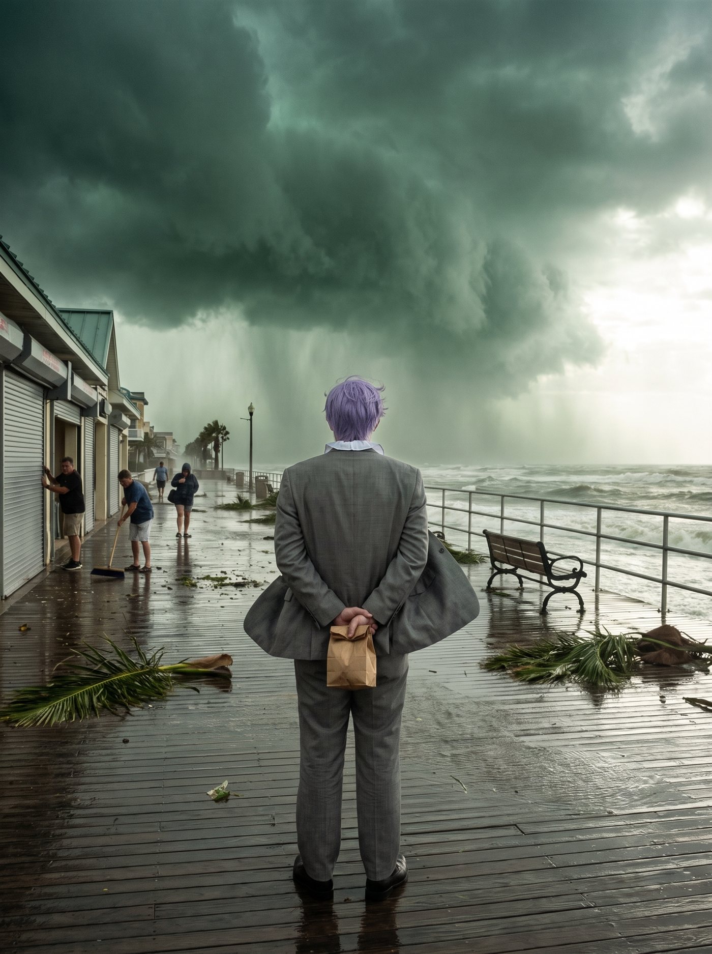 A photograph of a wooden seaside boardwalk at mid-morning in the passing tail of a typhoon. The sky is split in two: an enormous wall of green-black cloud retreating over the sea, still dragging curtains of rain along the horizon, and pale clean light already breaking through on the other side, lighting the wet planks silver. The boardwalk is soaked and wind-thrown — puddles, scattered palm fronds — and coming back to life mid-morning: one shopkeeper steadies a half-raised storm shutter, another sweeps water from the boards, a few walkers lean into the wind in rain jackets. Below the rail the sea is still violent, heavy grey-green swells running under the pale light. At the rail beside an empty bench, seen from behind, stands a man in full clown makeup and a grey suit a half size too big — lavender hair blown loose, the wind whipping the oversized jacket out at his sides — perfectly still, facing the retreating storm wall, his hands clasped behind his back holding a small brown paper bag. Nobody looks at him.