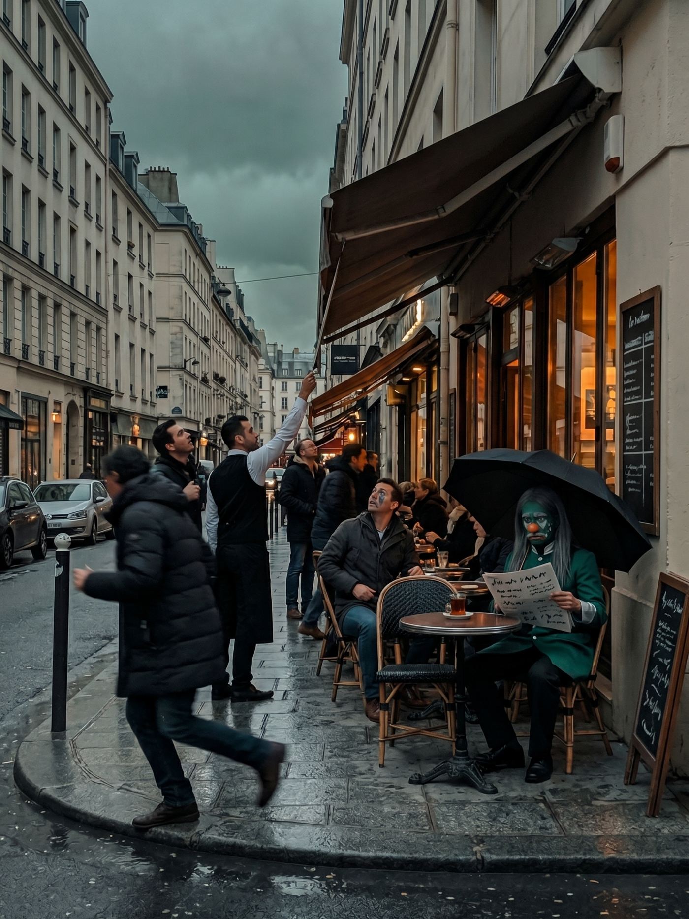 A candid phone photograph of a narrow café street on a cold February evening, the sky a heavy grey-green. The first rain has just arrived: the pavement is wet, a man in a long coat breaks into a run across the corner, a waiter in an apron reaches up for the awning crank, and the café's patrons look up from their tables mid-conversation. At the last table against the wall, a lean clown in deep-jade greasepaint — silver marks under his eyes, a tangerine nose, a downturned painted mouth under a real salt-and-pepper mustache, long flat gunmetal-grey hair, a jade military-collar coat — sits perfectly still beneath a large open black umbrella, a glass of tea steaming beside him, reading a folded paper. He is completely dry. Nobody in the frame is looking at him.