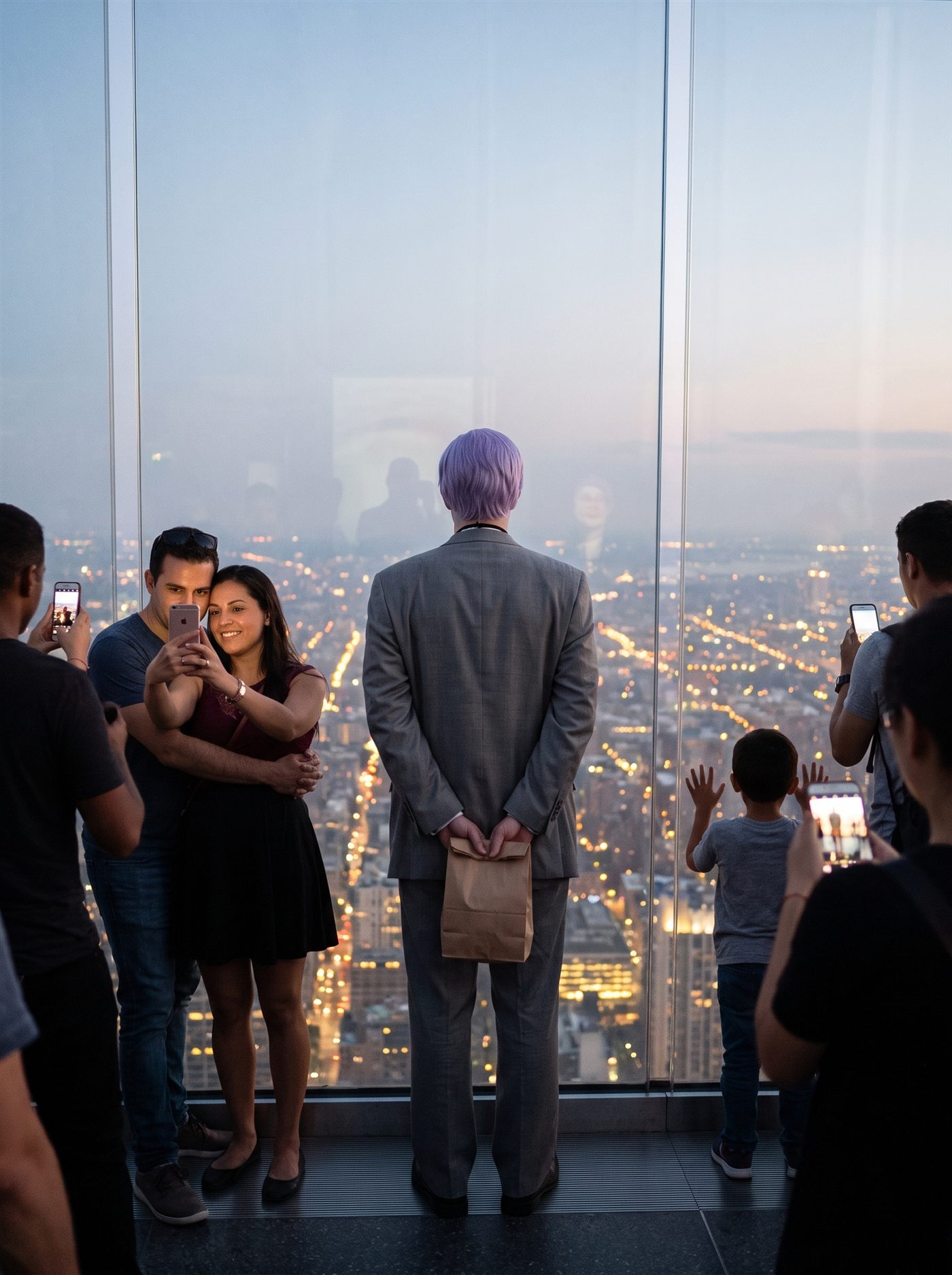 A color photograph on the glass-walled observation deck of a supertall skyscraper at dusk in September 2018, the city spread far below in golden haze, lights coming on to the horizon. Tourists line the floor-to-ceiling glass taking photographs of themselves — a couple posing with a phone, a boy with both hands pressed to the pane, others framed by small screen-glows. At the exact center, at the glass, stands a man in a too-big grey suit with a tidy lavender side-parted wig, seen entirely from behind, perfectly still, his hands clasped behind his back holding a small brown paper bag closed — the highest view he has ever paid for, and the only person on the deck who is simply looking at it. His faint reflection hangs in the glass against the golden city, indistinct, no face readable.