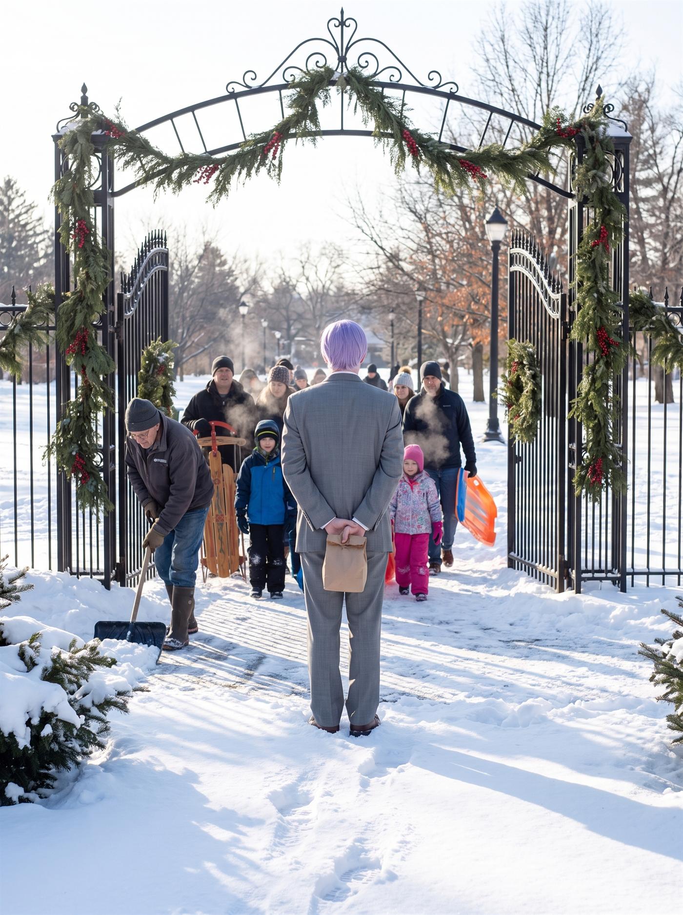 A photograph of a town park's entrance on the bright cold morning after Christmas, deep fresh snow, low winter sun throwing long blue shadows. A tall wrought-iron entrance arch spans the path, both gates thrown wide open, the arch decked with fresh pine garland and red-berry sprigs. Through the open gate a happy stream of families pours in — kids hauling sleds, a toboggan team, skates over a shoulder, breath clouds in the cold, the first crowd in days. At the threshold an old groundskeeper in a wool cap shovels the walk clear, and beside his shovel line one single deep boot print is pressed into the older snow below the fresh layer, a step lower than everything around it. In the near ground, a respectful distance from the stream, seen from behind, stands a man in full clown makeup and a grey suit a half size too big — tidy lavender side-parted hair — perfectly still, facing the pine-decked arch and the crowd flowing through it, his hands clasped behind his back holding a small brown paper bag. Nobody in the stream looks at him.