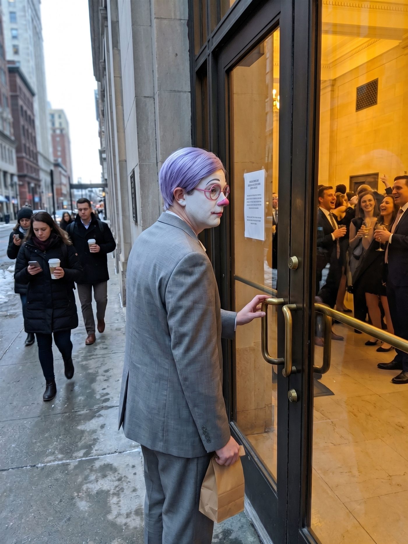 A phone snapshot on a cold March morning in 2020: a clown in fresh white greasepaint — rose-pink painted spectacle rings, a bubblegum-pink ball nose, a tidy lavender side-parted wig, an off-the-rack grey suit half a size too big — stands at the tall locked glass doors of a grand hall, one hand an inch from the brass handle, a small brown paper bag held carefully in the other, reading a printed notice taped to the glass. Beyond the glass the hall is golden and full: people in evening wear mid-celebration, glasses raised, not one of them facing the door. On the wet sidewalk behind him, commuters pass with coffees and phones; nobody looks at him. Taken March 2, 2020 — the day the Dow rose 1,293.96 points, the largest one-day gain ever printed at that date, while the crowd's brokerage was dark from open to close.