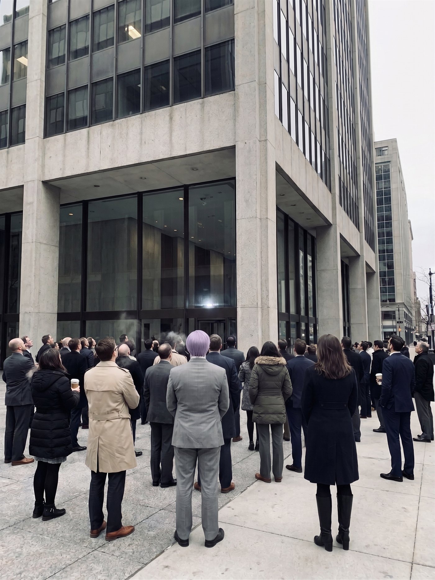 A candid phone photograph of a downtown sidewalk on a cold grey March morning: an office building has been evacuated, and a loose crowd of office workers stands scattered across the plaza — overcoats, shirt sleeves, a coffee cup, breath faintly visible — every one of them turned away from the camera, facing their own building, heads tilted up at it, waiting. A faint emergency strobe glows in the lobby glass. There is no fire and no smoke. In the middle of the crowd, seen from behind, stands a clown in an off-the-rack mid-grey suit with a tidy lavender side-parted wig, head tilted up at the building like everyone else, his hands folded in front of him. Nobody reacts to him.