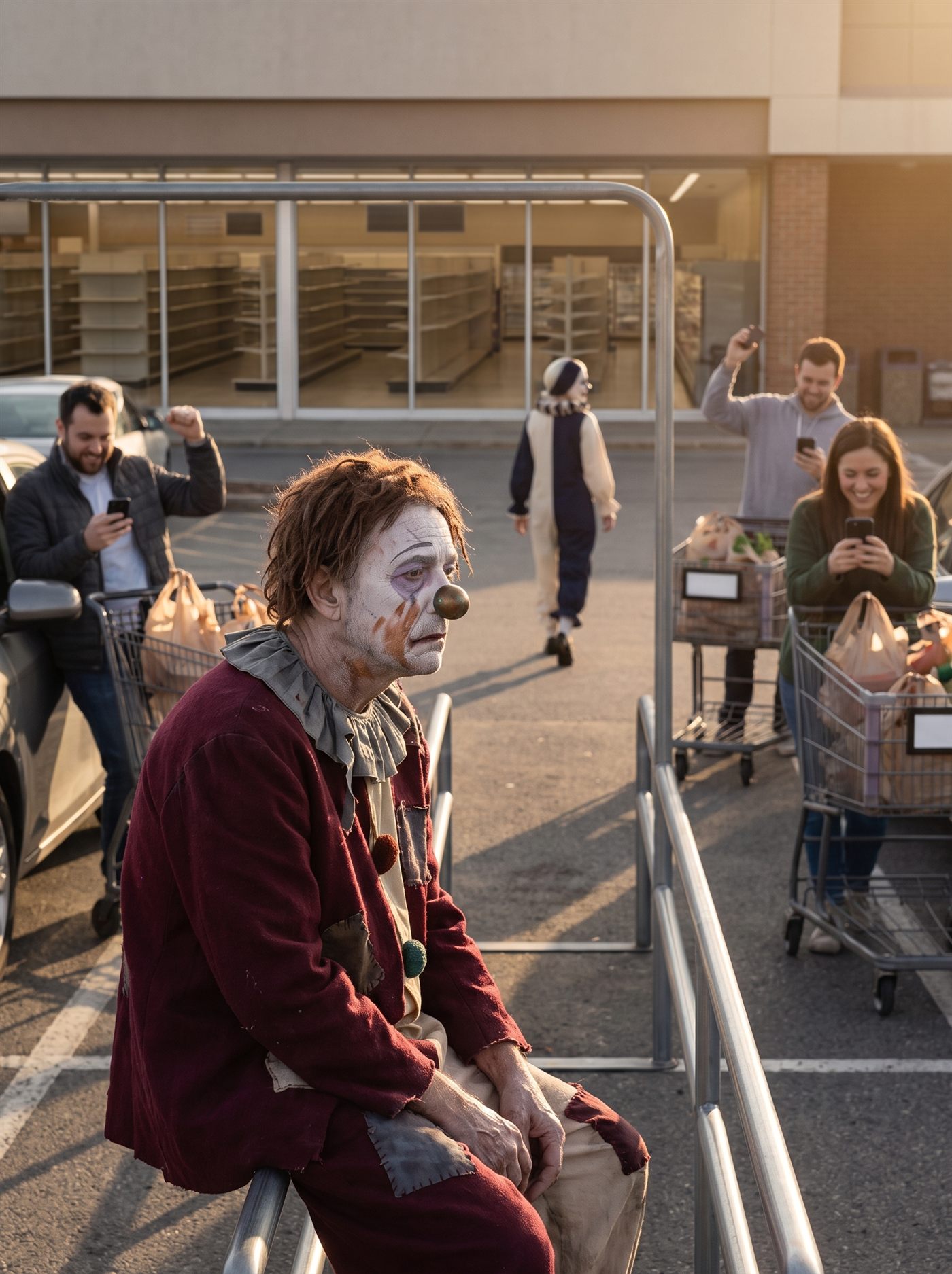 A color photograph of a supermarket parking lot at golden hour on a Friday evening in March 2020. Through the store's front windows the shelves are visibly stripped bare. In the lot, spaced apart, shoppers stand by their cars staring at glowing phones — one man's fist is raised in celebration; carts are loaded with bags. Heavy gold light floods the asphalt in long shadows. In the foreground a gaunt old clown with a cracked ash-white face, drooping smudged crescents under his eyes, a tarnished copper nose and a torn grey ruff over a patched burgundy coat sits on the rail of the cart corral, hands loose between his knees, looking down the light — the only person not looking at a phone, with the level patience of a man who has seen this exact evening before. Far across the lot behind him, small against the sun, a clown in a half-cream, half-dark costume walks away toward the edge of the frame.