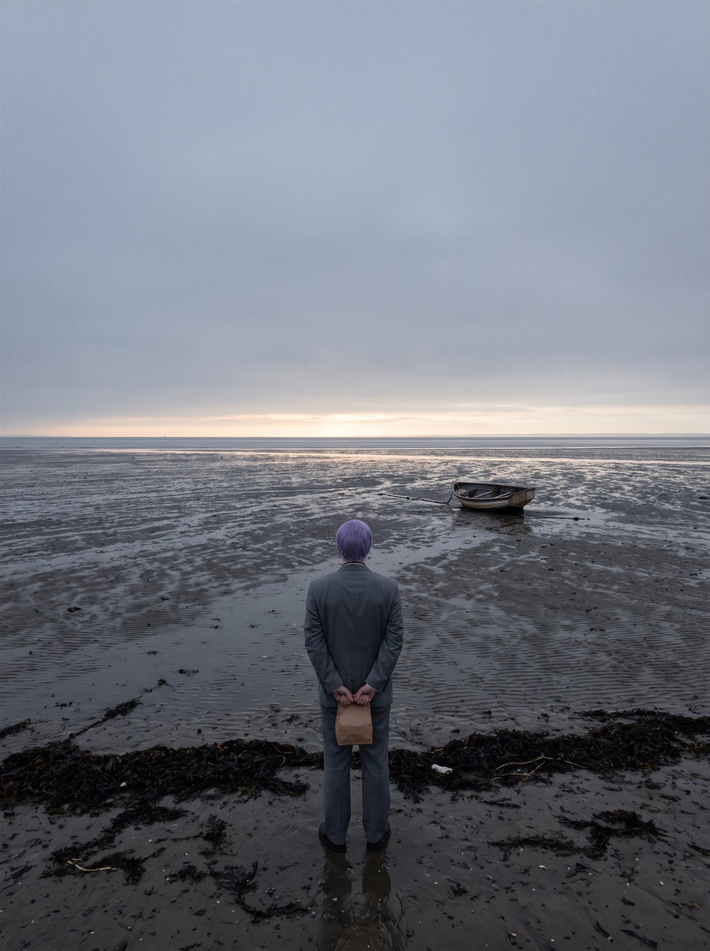 A photograph of a vast, empty tidal flat on a cold morning in late March 2020, first light. An enormous ash-grey sky takes up most of the frame; at the horizon, a thin seam of pale silver-gold. The tide is farther out than it ever goes — wet mud and sand shine faintly all the way to a remote thread of water. A small wooden rowboat lies stranded on the mud in the middle distance, far from the sea. At the dark tideline of weed in the foreground stands a man in full clown makeup and a grey suit a half size too big, seen from behind, small and completely still — tidy lavender side-parted hair over white greasepaint — his hands clasped behind his back, holding a small brown paper bag closed. There is no one else on the whole coast. He is watching where the water went.