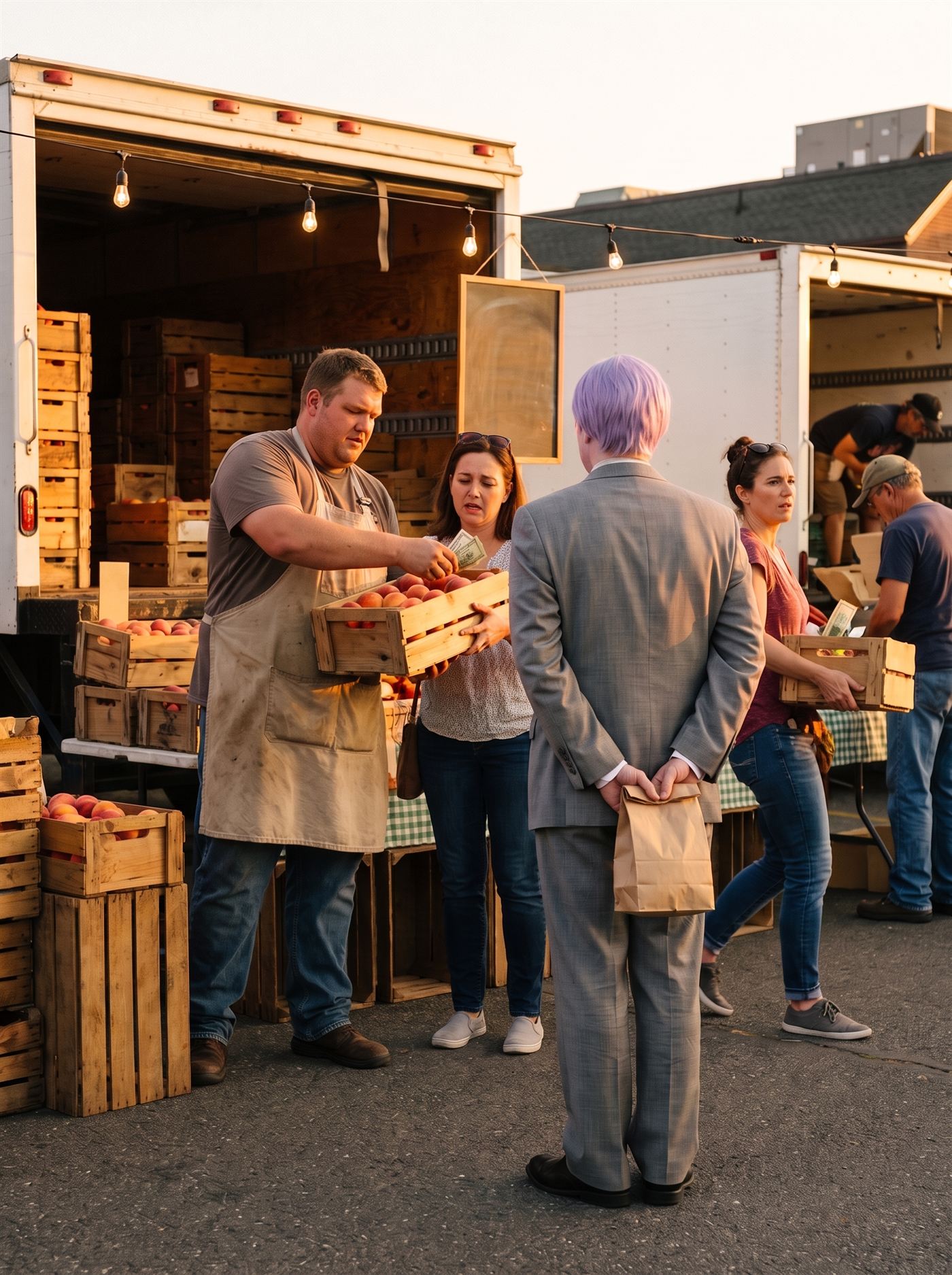 A photograph of the last hour of a farmers market on a warm evening, everything washed in deep amber-gold light. One produce stall is drowning in its own goods — wooden crates of peaches stacked past the table's edge, more crammed in the truck bed behind, baskets on the ground. The farmer, a big man in a canvas apron, presses a full crate into the arms of a bewildered shopper and lays folded bills on top of it — paying the man to take it. A second shopper is already walking away with a crate, bills tucked under the twine, looking back in disbelief. The chalk price board has been wiped to a smear. At the edge of the stall's light, a step apart, seen from behind, stands a man in full clown makeup and a grey suit a half size too big — tidy lavender side-parted hair — perfectly still, watching the crate and the bills change hands, his hands clasped behind his back holding a small brown paper bag. The neighboring vendors pack up normally. Nobody is looking at him.