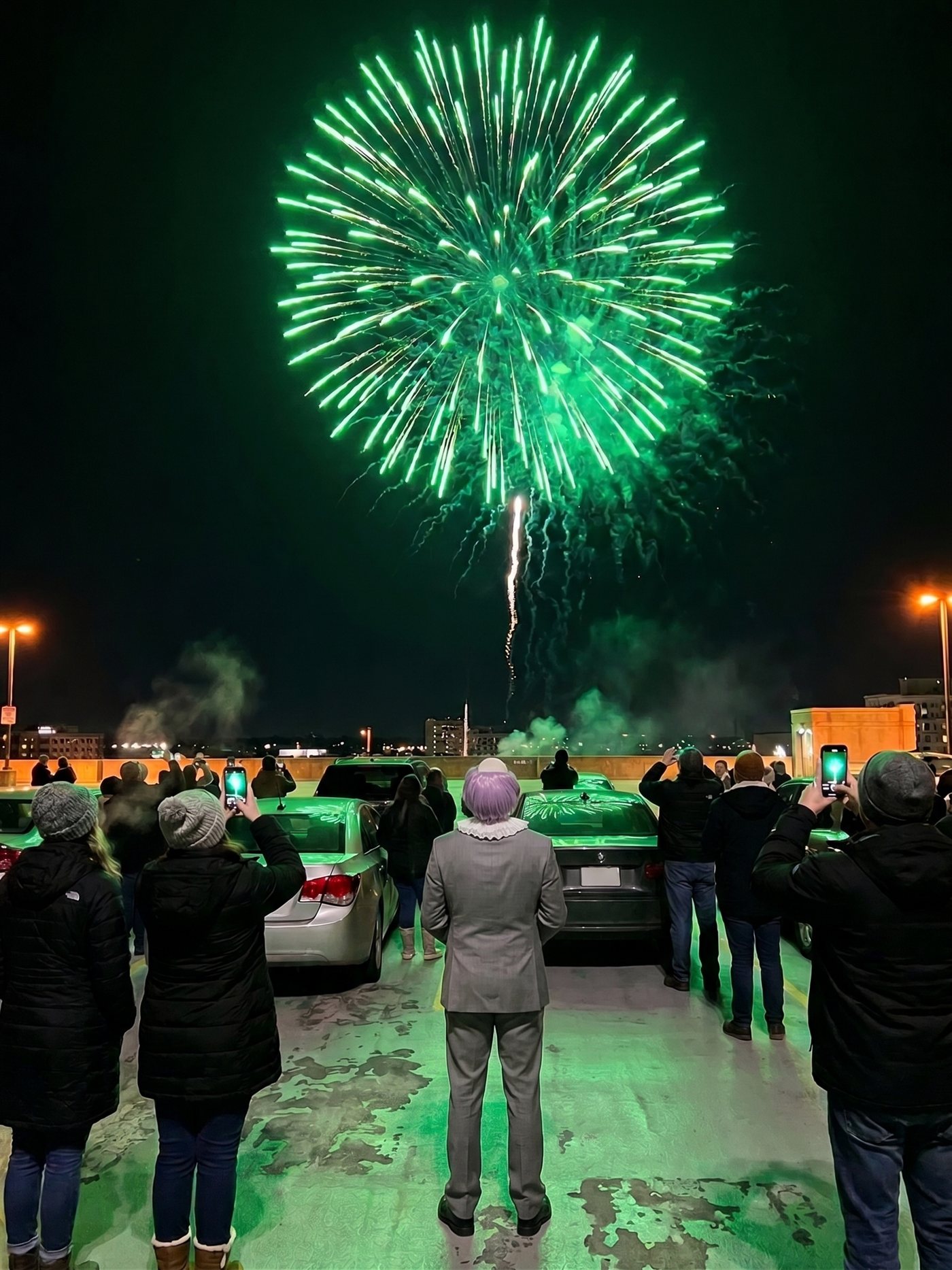 A candid phone photograph on the open top level of a parking garage on a cold January night. A green firework — the saturated green of an old computer terminal — bursts huge against the black sky while one more shell climbs beneath it, a thin bright streak not yet burst. A loose crowd in winter coats and knit hats stands among the parked cars with phones raised and filming, every car roof and upturned face washed in the green light, sodium lamps burning orange at the deck's edges. In the middle distance, seen from behind, a clown in an off-the-rack grey suit stands alone between the cars — lavender side-parted wig, a modest white ruffle at his collar, head tilted back watching the burst, his hands together in front of him. Nobody in the crowd looks at him.