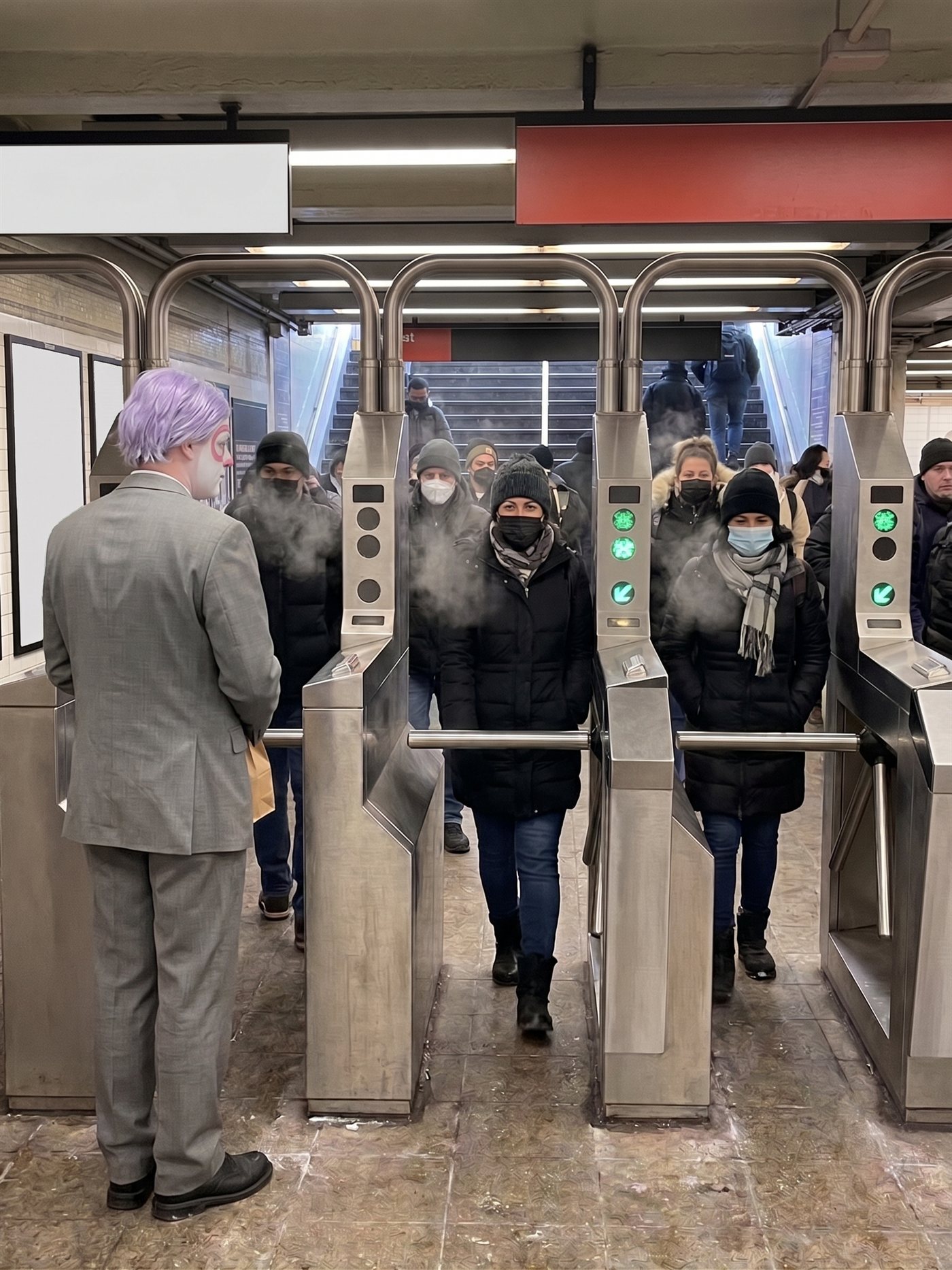 A candid phone photograph inside a subway fare array on a cold January morning in 2021, hard fluorescent light on a wet winter floor. Through the exit gates a one-way stream of commuters in winter coats and face masks pushes toward the camera, breath hanging in the air, green lamps glowing down the row of working gates. At the left, seen from behind, a clown in an off-the-rack grey suit stands alone at the single entry turnstile — lavender side-parted wig, a sliver of white-painted cheek and a flat rose ring painted around his eye, the edge of a small brown paper bag held in front of his waist. The lamps on his gate are dark. The arm does not turn. Nobody in the crowd looks at him.