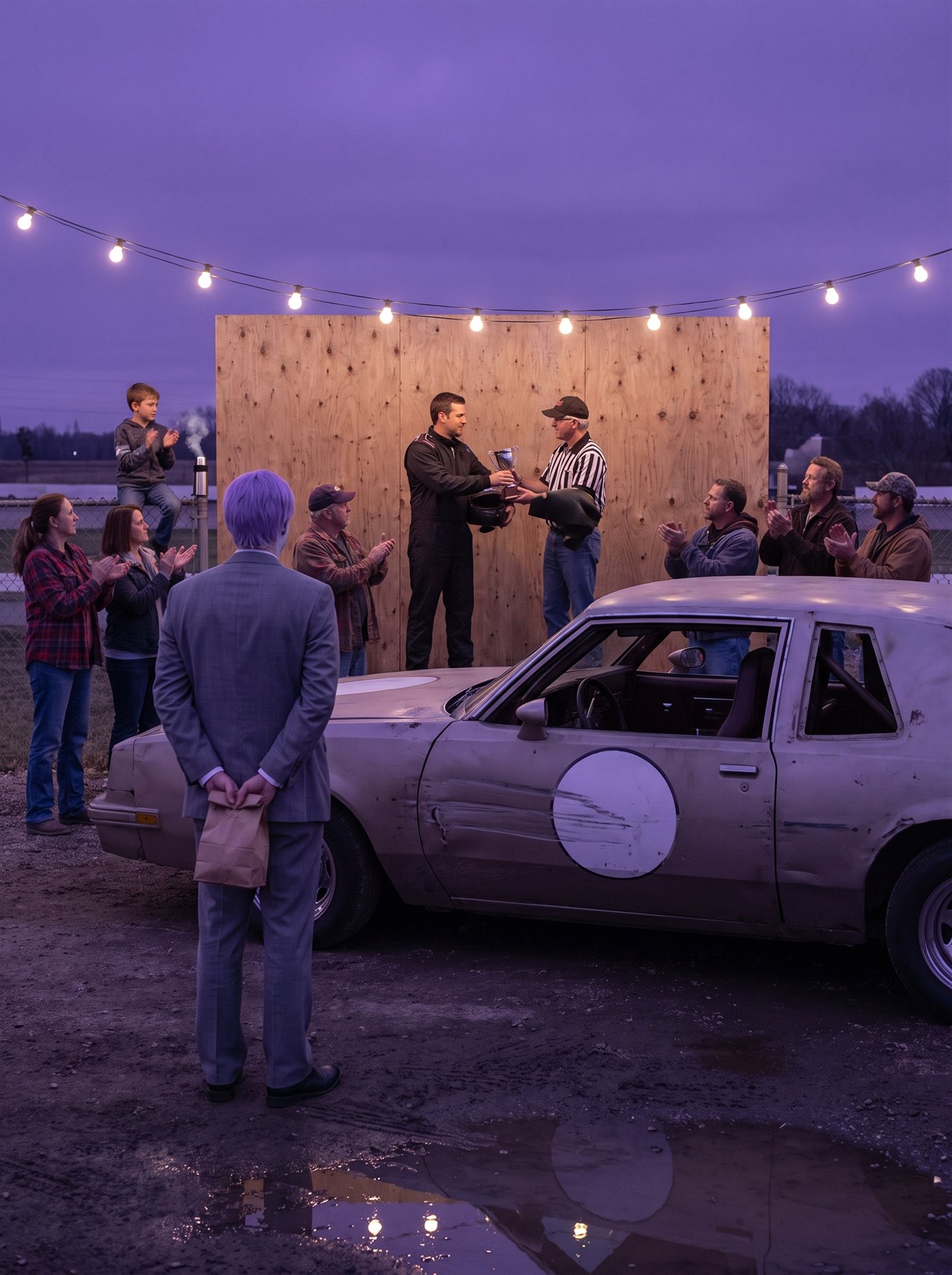 A photograph of the modest winner's circle of a small dirt-track race on a cold January evening, the sky a deep grape-violet dusk, one string of pale bulbs over a plywood backdrop. A battered short-track stock car sits parked at an angle — and along its whole flank runs one enormous shallow scrape-and-dent, low and long, half-swallowed by the dusk light so that from a few steps away the car looks almost unmarked. The driver, helmet under one arm, accepts a small dented trophy from a track official; a thin crowd claps politely; tire ruts hold dark puddles reflecting the bulbs. At the edge of the circle, a respectful distance back, seen from behind, stands a man in full clown makeup and a grey suit a half size too big — tidy lavender side-parted hair — perfectly still, facing the car's scraped flank rather than the trophy, his hands clasped behind his back holding a small brown paper bag. Nobody is looking at the scrape. Nobody is looking at him.