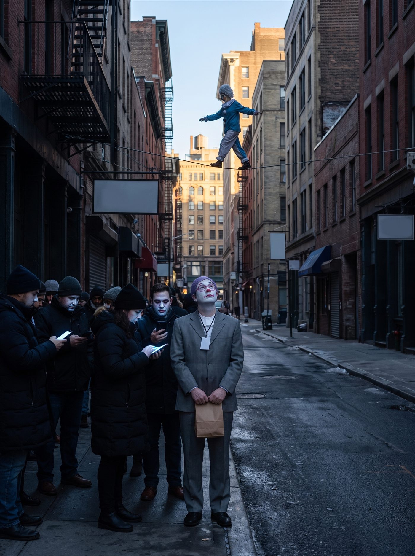 A color photograph of a narrow city street on a cold February morning in 2022, half the street still in blue pre-dawn shadow and the far end catching the first full daylight. On the sidewalk below, commuters stand stopped in loose knots, every face lit faintly by the glow of the blank phone in its hands, nobody moving. High above the street, on a wire strung between two buildings, a clown in butter-yellow facepaint with blue winged eye patches, a towering silver-white wig of tight curls and a powder-blue costume is crossing — arms out, one foot exactly before the other, calm, moving out of the shadowed half of the frame toward the lit half. Directly below her, one man has looked up from his phone: a small figure in a too-big grey suit and white greasepaint with rose-rimmed painted spectacles, a paper bag held at his waist, his face tilted all the way up. He is the only one watching her instead of the screen.