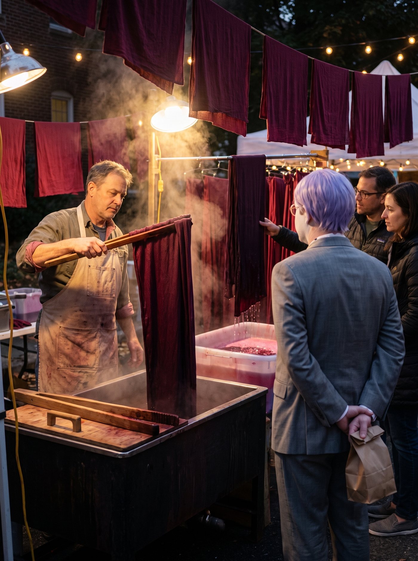 A photograph of a traditional dyer's stall at an autumn evening craft fair, dusk gone dark, warm work lamps. A dyer in an apron lifts a long bolt of cloth from a steaming vat with wooden tongs — and the cloth is a deep red-purple, far darker than the pale swatch pinned to her display board as the promised result. Beside the vat a rinse basin runs pink-red, and a second length of the same cloth, already rinsed twice, hangs over it exactly as dark as the first. Lines of finished red-purple cloth hang behind the stall like flags; a woman touches one and looks at her fingertips. At the edge of the lamplight, a step apart, seen from behind, stands a man in full clown makeup and a grey suit a half size too big — tidy lavender side-parted hair — perfectly still, watching the cloth come up dark, his hands clasped behind his back holding a small brown paper bag. The dyer has scrubbed, and it has held. Nobody is looking at him.
