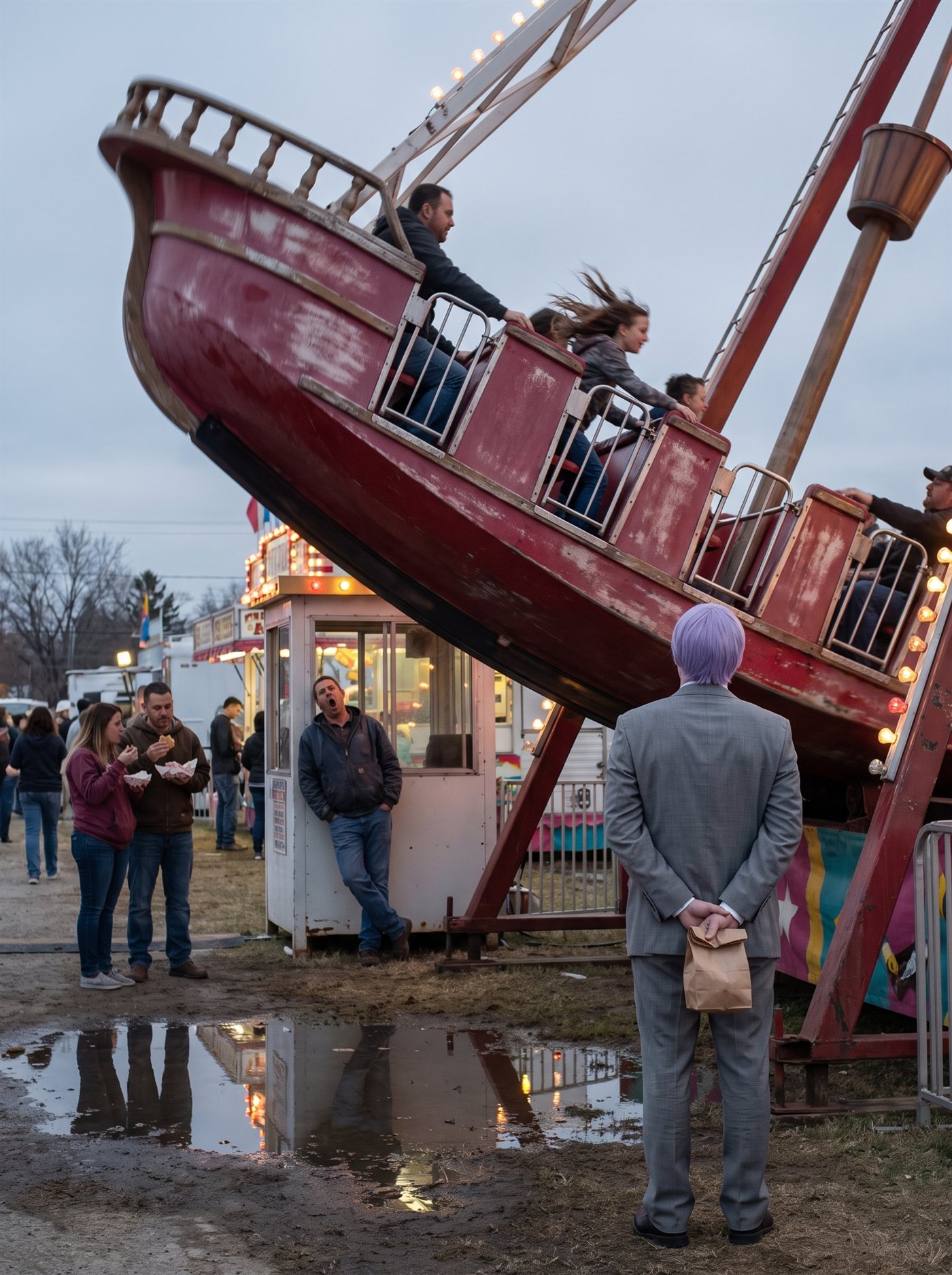 A photograph of a small traveling fair on a cold October evening at dusk, the sky deep grey going dark. The frame is dominated by an old pirate-ship swing ride, its hull painted a once-bright crimson now faded and chalky with weather, caught in the instant just past the bottom of its arc and beginning to rise again — riders pressed back into their seats, a girl's hair streaming, the ship's trailing edge faintly blurred while the rest of the frame is sharp. Below it a thin evening crowd watches; the ride operator leans on the control rail mid-yawn; puddles on the trampled ground catch the ride's lights. At the near edge, a respectful distance back, seen from behind, stands a man in full clown makeup and a grey suit a half size too big — tidy lavender side-parted hair — perfectly still, head tilted slightly up, watching the ship climb away from its lowest point, his hands clasped behind his back holding a small brown paper bag. Nobody ordered the turn. The arc did it.