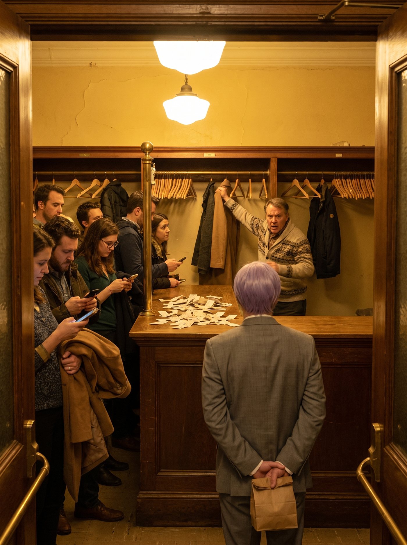 A photograph of the cloakroom of an old municipal hall at the end of an evening, everything washed in warm mustard tungsten light — varnished wood, yellowed plaster, brass fittings. At the counter one overwhelmed clerk in a cardigan retrieves coats as fast as she can move, claim tickets scattered in front of her. Behind her the long numbered coat rail is almost completely empty — dozens of bare wooden hangers, a few coats left at the far end. A dense, quiet, orderly line presses toward the counter and runs out of the frame, phones in hand, the people at the front already walking away with coats over their arms. The line is far longer than what remains on the rail. At the back of the line, a step apart, seen from behind, stands a man in full clown makeup and a grey suit a half size too big — tidy lavender side-parted hair — perfectly still, facing the bare rail, his hands clasped behind his back holding a small brown paper bag. Nobody is shouting. Nobody is looking at him.