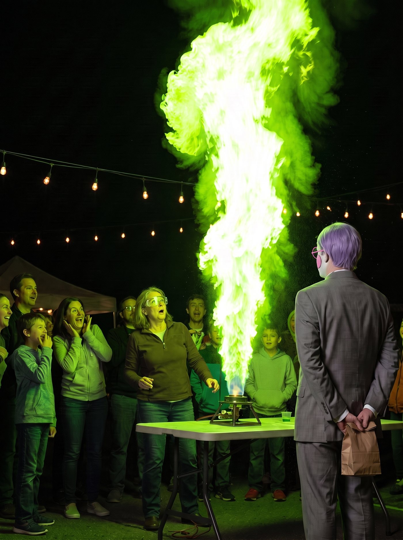 A photograph of an outdoor evening science fair on a dark spring night, rows of modest folding-table booths under string lights. At the center booth a demonstration has ignited far beyond its scale: a brilliant lime-green column of flame and glowing vapor erupts from a small tabletop apparatus, rising far above the booth's little canopy and throwing green light across everything. The presenter stands beside it in safety goggles, one hand still on the apparatus, looking up at what she started; the crowd is stepping back, delighted and alarmed, faces lit green. At the back edge of the crowd, a step apart, seen from behind, stands a man in full clown makeup and a grey suit a half size too big — tidy lavender side-parted hair — perfectly still amid the recoil, his hands clasped behind his back holding a small brown paper bag. Every eye is on the flame. Nobody is looking at him.