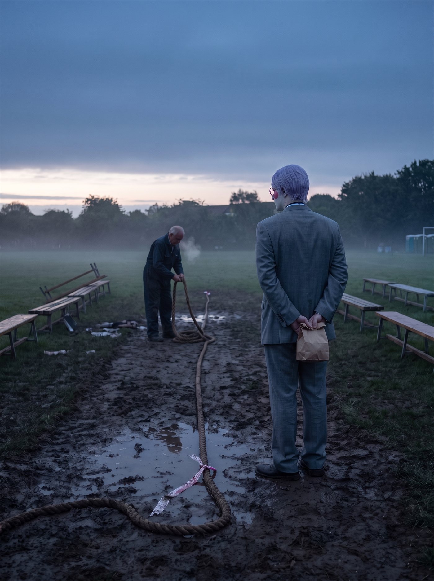 A photograph of a fairground tug-of-war pit at blue hour, the half-light before an August sunrise, everything a dusky blue-grey with a thin band of paler sky low on the horizon. The contest is over and almost nobody is there: a long heavy rope lies completely slack down a lane of churned, trampled mud, dropped where it fell, its center ribbon lying in a puddle; at the far end a line of small triangular flags still stands planted; empty wooden benches line both sides, a few knocked over; mist sits low on the grass. Mid-frame a single older groundskeeper is slowly coiling the near end of the rope over his arm. In the near lane, at a respectful distance, seen from behind, stands a man in full clown makeup and a grey suit a half size too big — tidy lavender side-parted hair — perfectly still, facing the slack rope and the planted flags beyond it, his hands clasped behind his back holding a small brown paper bag. The contest happened overnight, somewhere else. He is looking at what it left.