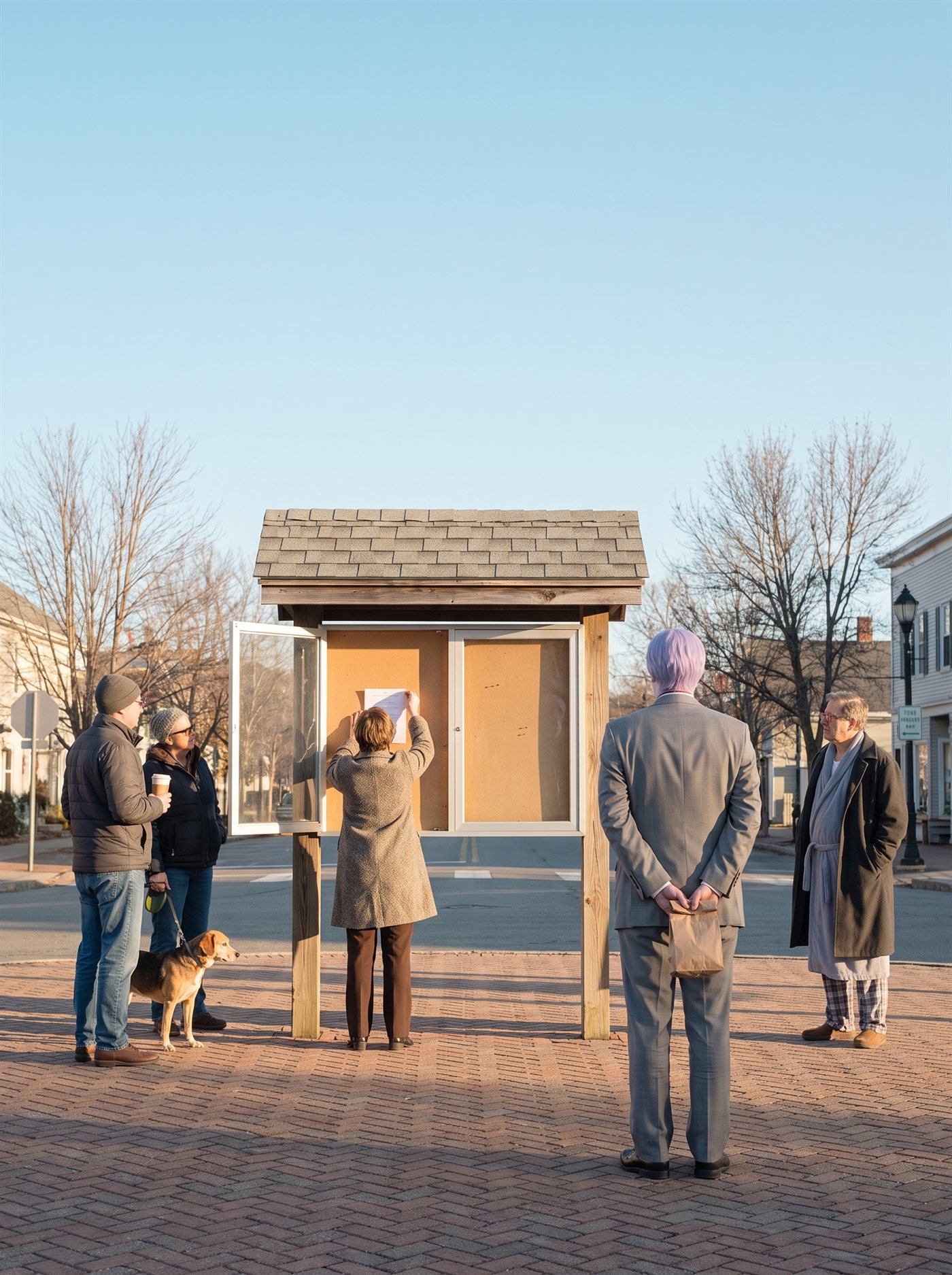 A photograph of a small-town square just after sunrise on a clear early-November morning, the sky a cloudless pale cyan-blue, low gold sun throwing long shadows across brick and bare trees. At the center stands a wooden municipal notice board with a small gabled roof and glass doors; a clerk in a wool coat has the glass open and is pinning up a single white sheet — the only paper on the board. A handful of townspeople read it at an easy distance, calm and unhurried: one with a paper coffee cup, one with a dog on a slack leash, one in a bathrobe under an overcoat. In the middle distance, a step apart, seen from behind, stands a man in full clown makeup and a grey suit a half size too big — tidy lavender side-parted hair — perfectly still, facing the board, his hands clasped behind his back holding a small brown paper bag. Nothing in the square needs undoing. Nobody is looking at him.