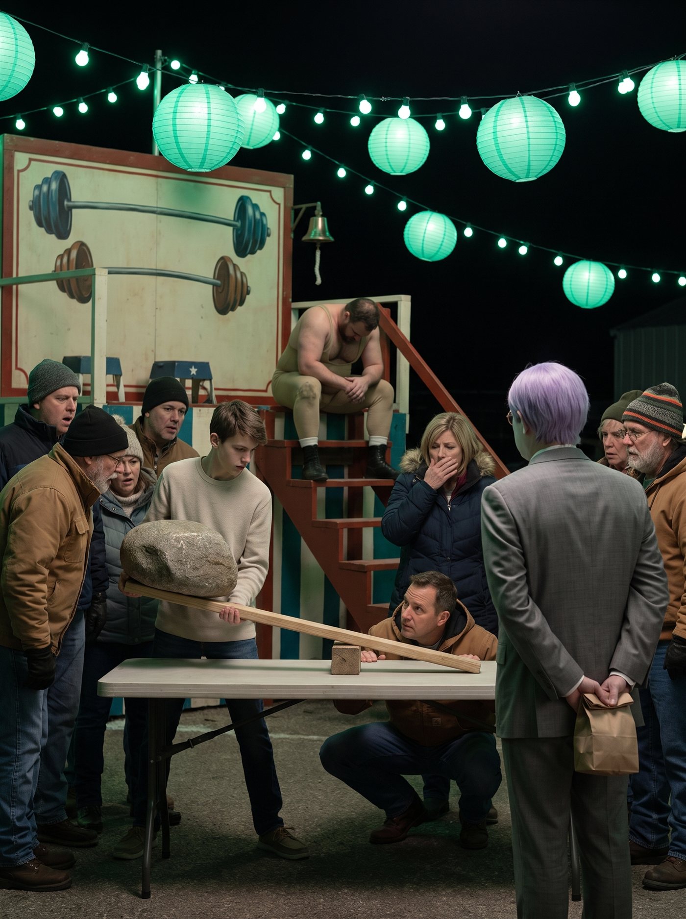 A photograph of a small-town night fair lit by jade-green paper lanterns and strings of pale green bulbs. A small astonished crowd is clustered around a plain folding table where a skinny teenager is lifting an enormous grey stone with nothing but a long wooden plank over a small block — one hand pressing the lever down, his face matter-of-fact — while one man crouches to look under the stone and a woman covers her mouth. Behind them, fully lit and completely deserted, stands the strongman's platform with its painted barbells, and on its steps sits a huge man in an old-fashioned strongman's leotard, head down, alone. At the back edge of the crowd, a step apart, seen from behind, stands a man in full clown makeup and a grey suit a half size too big — tidy lavender side-parted hair — perfectly still, his hands clasped behind his back holding a small brown paper bag. Every eye is on the lever. Nobody is looking at him.