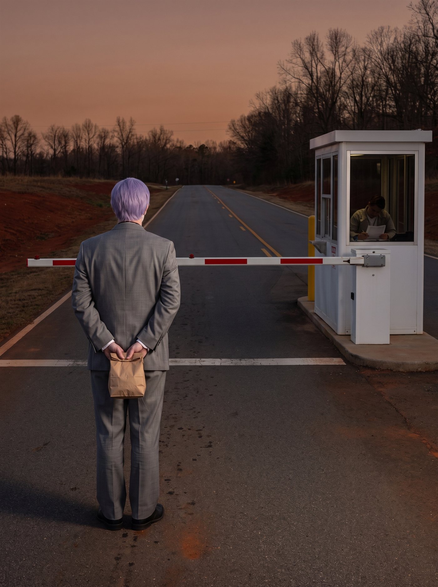 A photograph of a two-lane road at the edge of town at dusk, the light low and rust-colored, the earth along the shoulders a deep red-ochre iron color, the trees still leafless in early April. A red-and-white striped barrier arm is lowered across the road at a small checkpoint; in the plain white booth beside it an attendant keeps their head down over paperwork. Beyond the barrier the road runs on empty — nothing wrong with it, just closed — and a fresh painted line crosses the asphalt beneath the arm. In the near lane, at a respectful distance, seen from behind, stands a man in full clown makeup and a grey suit a half size too big — tidy lavender side-parted hair — perfectly still, facing the lowered arm and the empty road beyond it, his hands clasped behind his back holding a small brown paper bag closed behind him. He is not trying to cross. He is reading the line.