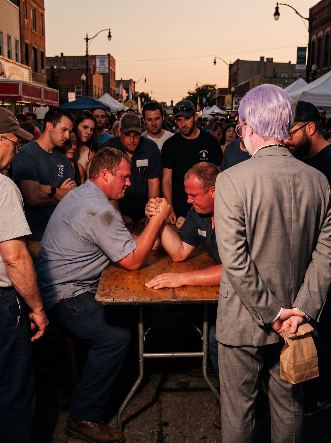 A photograph of a street fair on a cooling April evening, the light low and burnt-orange. At a sturdy wooden table two big men are locked mid-arm-wrestle, their grip exactly vertical — dead level, neither arm giving a degree, faces reddened with strain — while a referee crouches at eye level with the grip, palm out, waiting for movement that is not coming. A small tense crowd leans in around the table. At its back edge, a half step apart, seen in three-quarter from behind, stands a man in full clown makeup and a grey suit a half size too big — tidy lavender side-parted hair — perfectly still, watching the locked arms over the crowd's shoulders, his hands clasped behind his back holding a small brown paper bag closed behind him. Every eye is on the grip. Nobody is looking at him.