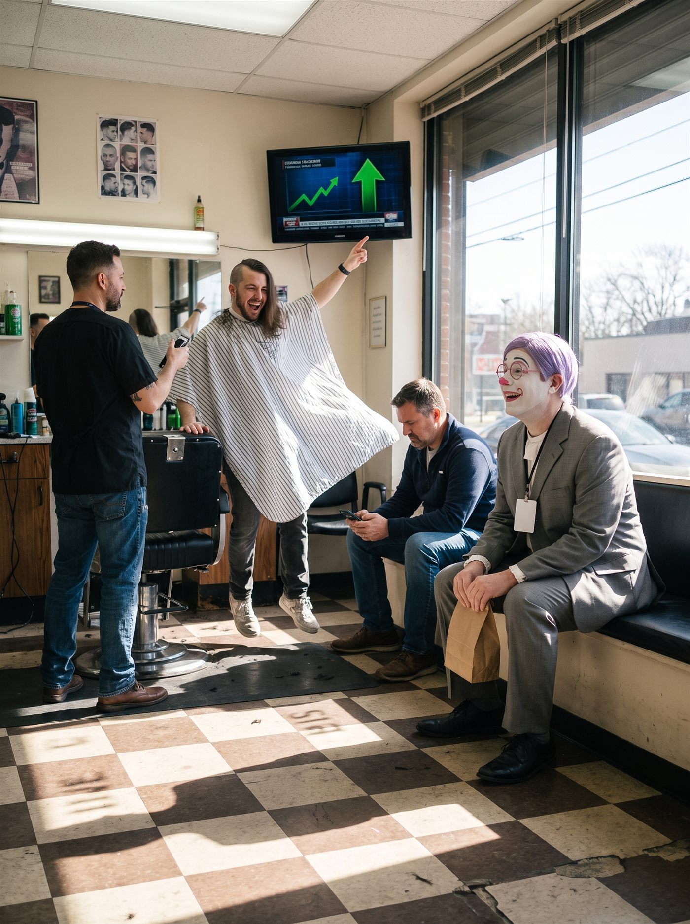 A photograph inside a small barbershop on a bright weekday morning, checkered floor lit by low sun. A wall television shows nothing but a green upward arrow. The customer has leapt clean out of the barber's chair — feet off the floor, striped cutting cape flying, one arm pointed at the screen, his haircut visibly half-finished, clipped on one side and long on the other — while the barber turns to look, clippers still in hand. On the bench by the window, a man in a grey suit and full clown makeup — white face, rose painted rings around his eyes, lavender side-parted hair — beams up at the television, a small brown paper bag held closed on his lap. Between them, another waiting customer does not celebrate: he is frowning down into his phone, the first face in the room to change.