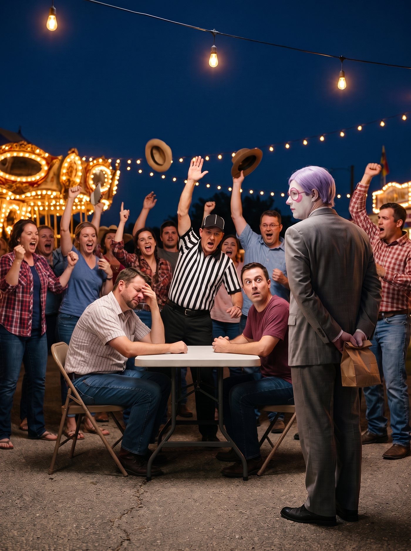 A photograph of a small-town fairground at night, the sky deep indigo, everything lit by warm gold string lights and bare bulbs. At a small table in the center a staring contest is ending at this exact instant: one contestant has just blinked and broken — head turning away, hand coming up to his eyes, shoulders collapsing in laughing defeat — while the other still sits frozen forward, not yet daring to move, and the referee is mid-leap with an arm shooting up. The crowd packed around the table is erupting: arms in the air, mouths open, a hat coming off — release bigger than the game deserves. At the back edge of the crowd, a step apart, seen in three-quarter from behind, stands a man in full clown makeup and a grey suit a half size too big — tidy lavender side-parted hair — perfectly still amid the celebration, his hands clasped behind his back holding a small brown paper bag closed behind him. Every eye is on the table or thrown to the sky. Nobody is looking at him.