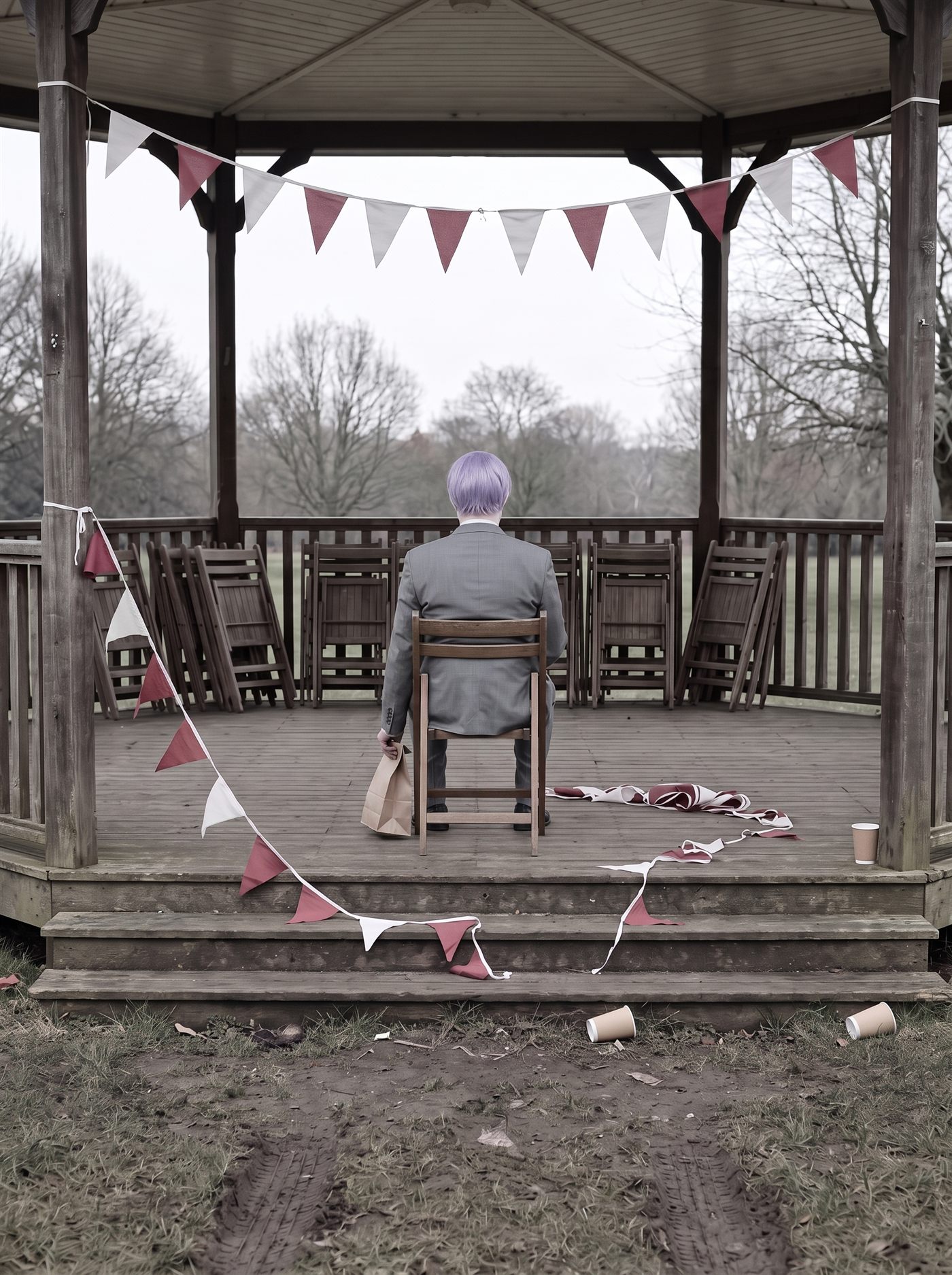 A photograph of a municipal park bandstand on a raw overcast morning in late January 2026, the day after a long holiday weekend. A line of dull red and white cloth bunting still hangs across the front of the octagonal roof; a second string has come unhooked and lies in a long swag across the deck and down the steps. Wooden folding chairs are stacked in leaning towers on both sides of the platform, twenty or more of them, except for one single chair left standing in the middle of the empty deck. In that chair, seen from directly behind, sits a man in full clown makeup and a grey suit a half size too big — tidy lavender side-parted hair, no overcoat — perfectly still, facing out over the empty park as though the band were still playing. One hand holds a small brown paper bag beside his knee, clear of the boards. Paper cups lie blown against the steps and in the winter-flat grass. Bare trees and a colourless sky beyond. Nobody else is there.