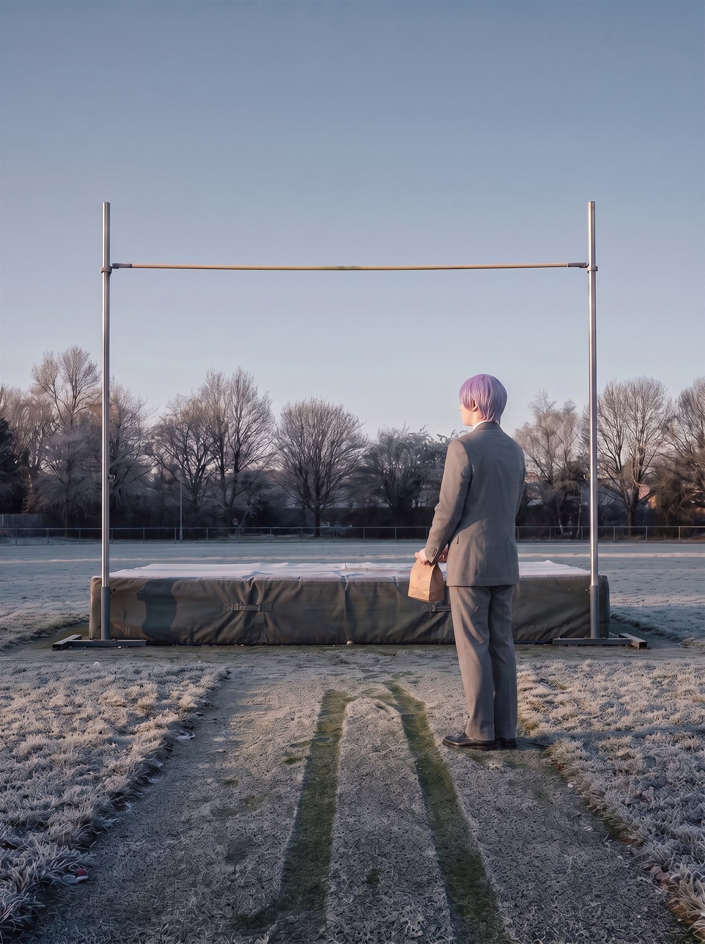 A photograph of the high-jump area of an ordinary municipal athletics ground at sunrise on a clear, hard-frosted January morning in 2026. Two upright metal standards hold a slim horizontal crossbar set at the very top of their range; the low sun runs along it so the bar is the single brightest line in the frame, a thin bar of pale gold against a cold blue sky. The big foam landing mat beneath it is square, taut and completely undisturbed — nobody has jumped. Frost lies white on the grass and along the mat's edge. At the near end of the empty approach, small in the frame and seen from behind at a three-quarter angle, stands a man in full clown makeup and a grey suit a half size too big, lavender hair, head tipped back, looking up at the bar. Both hands hold a small brown paper bag closed at the front of his waist. He is dressed for an office, not for jumping. His long shadow runs back across the frosted grass toward the camera. Nobody else is on the field.