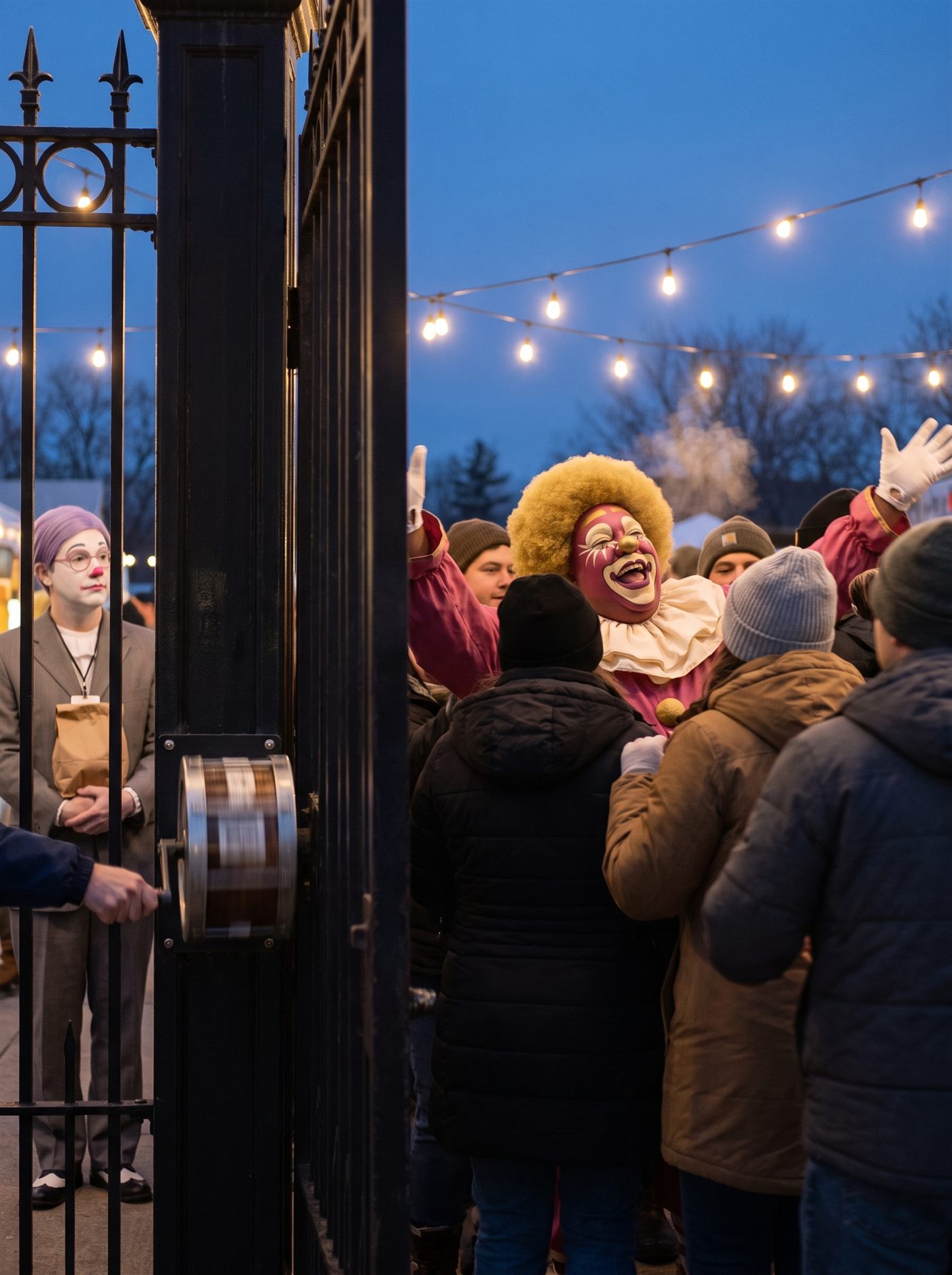 A photograph taken at the front gate of a country fair at dusk in early February 2026. A tall black iron gate divides the frame. On the right a crowd in winter coats and knitted hats pours through the opening, most of them seen from behind, their breath showing in the cold beneath two strings of bare bulbs against a deep blue sky. In the middle of that crowd a heavyset clown is carried along with both white-gloved hands raised and his head back mid-laugh: rose-magenta greasepaint, a huge bright gold afro, a wide cream ruffled collar over a rose costume. Bolted to the gatepost at chest height is a brass mechanical counter whose number drums are caught mid-revolution and blurred into an unreadable smear, a bare hand still on its crank. On the far left, on the dark side of the closed half of the gate and half hidden behind its bars, a man in an off-the-rack grey suit stands alone and outside: white greasepaint, rose-pink painted spectacle rings, a pink nose, a lavender side-parted wig, a blank badge on a lanyard, a single brown paper bag held in both hands at his waist. He has not gone through. Nobody in the crowd is looking at either of them.