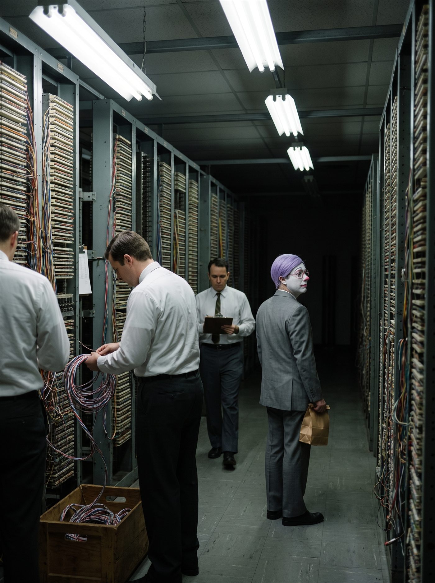 A photograph of the switch room of an old telephone exchange, lit by fluorescent tubes. Two ranks of tall steel relay racks run away from the camera down a narrow aisle, their faces packed with thousands of small contacts and bundles of red, blue and white jumper wire; the far third of the hall is unlit and goes to black. In the left foreground two engineers in white shirtsleeves work at a rack, one of them lifting out a large coil of stripped coloured wire, with a wooden crate of more of it on the floor at their feet. A third man in a shirt and tie walks up the aisle toward the camera reading a clipboard. Standing alone on the right, between the racks and under a lit tube, is a man in a grey suit a half size too big, seen from behind and turned to look back over his shoulder up the hall toward the dark end: white greasepaint, rose-pink painted rings round his eyes, a pink nose, a lavender wig. A single brown paper bag hangs from one hand at his side. None of the three men has noticed him.