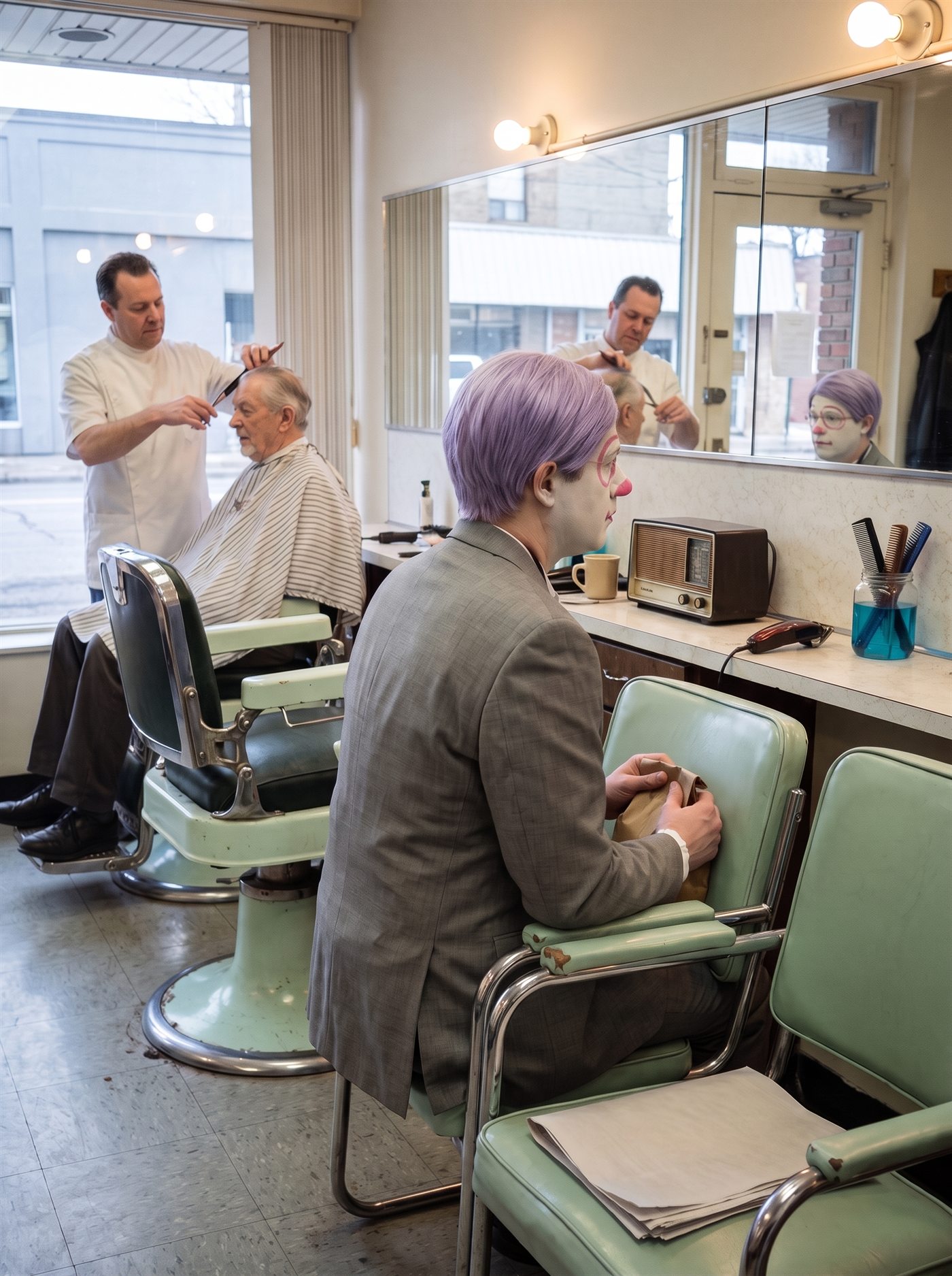 A photograph of the inside of a small old neighbourhood barbershop on an ordinary Monday morning in early March 2026. Two barber chairs of worn chrome and pale mint-green enamel; at the far one a barber in a white tunic calmly cuts an older customer's hair, comb and scissors raised, both of them relaxed and mid-conversation. A long mirror runs down one wall, doubling the room. On the counter beneath it sit an old valve radio, a mug, clippers and a jar of combs in blue liquid. In one of the fixed waiting chairs along the near wall, seen from behind and slightly to the side, sits a man in full clown makeup and a grey suit a half size too big — lavender hair, white greasepaint, flat rose-pink rings painted around his eyes — upright and entirely still, both hands holding a small brown paper bag on his lap, his head turned a few degrees toward the radio. His painted face appears again in the mirror. A folded newspaper lies on the chair beside him with nothing legible on it. Nobody in the room is looking at the radio, and nobody is looking at him.