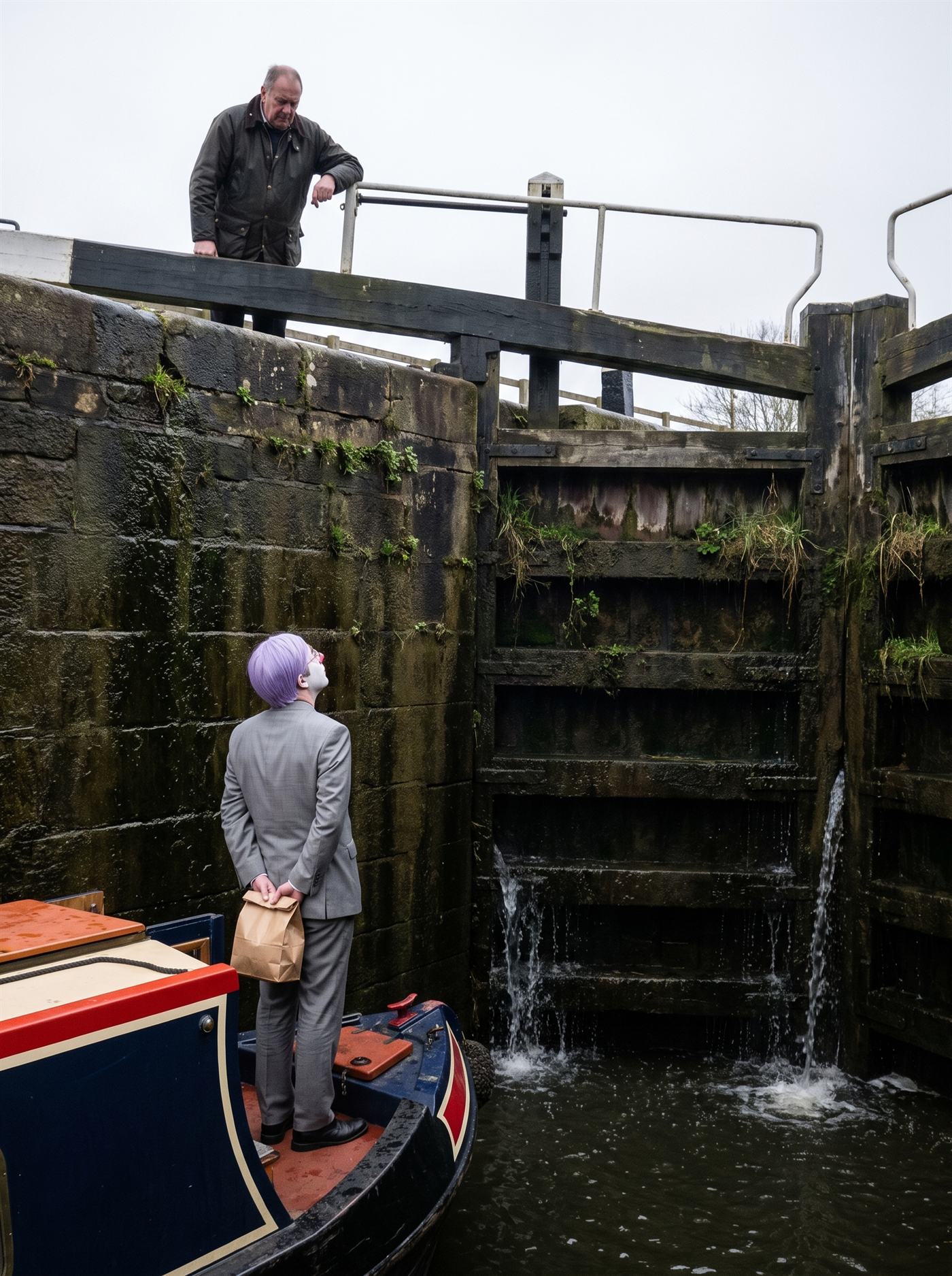 A photograph looking into a canal lock from the bow of a narrowboat on a grey March afternoon. The boat has already sunk well down inside the stone chamber; the wet lock wall on the left rises far above it, black and streaked with green weed and moss, with grass growing out of the joints high up near the coping. On the right the closed timber lock gates run up out of the frame, and two ropes of water pour from the paddles at their foot into the dark water below. Up on the coping at the top left a man in a waxed jacket leans on the white handrail above the balance beam and looks down into the chamber. On the boat's bow, small and low in the frame, a man in a grey suit stands with his back to the camera and his head tipped right back, watching the coping stone pass above his eye line: a tidy lavender wig, white greasepaint, a rose-pink painted eye ring just visible in profile. Both hands hold a single brown paper bag behind him at his lower back. Neither man acknowledges the other.
