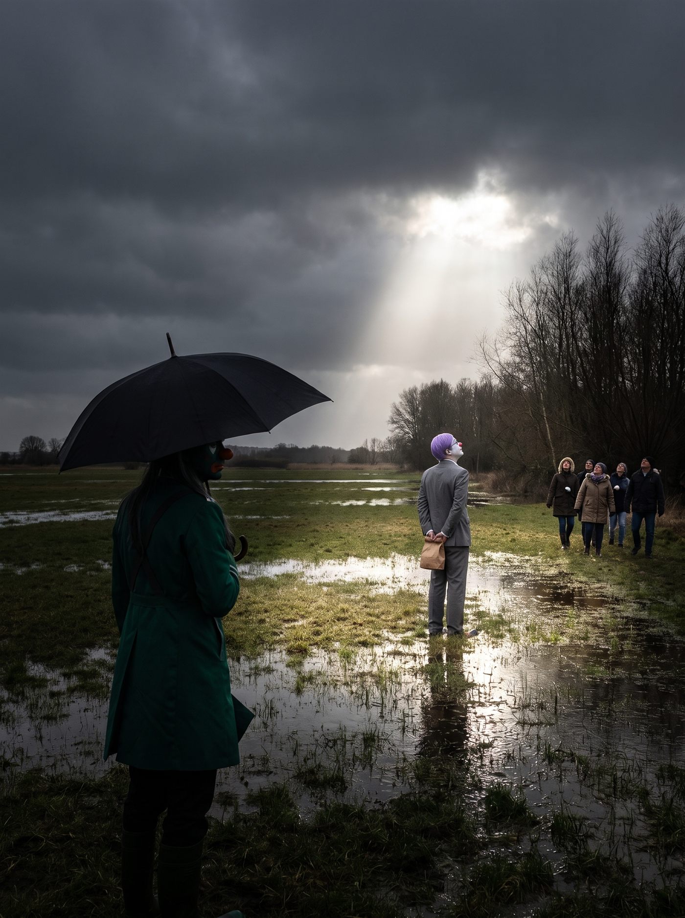 A photograph of a wide flooded water-meadow on a dark March afternoon. The sky is a solid lid of grey-black cloud from edge to edge except for one gap, high and to the right of centre, through which a single broad shaft of pale sun falls and lights one bright patch of wet grass and standing water; the light lands as a hard white column and reflects off the flooded ground in a long streak. The rest of the field is dark and sodden, cut by strips of standing water and bare winter trees. In the left foreground, large and close, a clown in a deep jade-green military-collar coat stands under a big open black umbrella, seen from behind and turned in profile so that his face is directed away across the dark side of the field: green greasepaint, a glossy orange nose, long straight hair hanging flat past his shoulders. He is dry and he is not looking at the light. In the middle distance, standing inside the lit patch with the reflection running back toward the camera, a man in a grey suit is seen from behind with his head tipped right back, looking up into the gap: a tidy lavender wig, white greasepaint, both hands holding a single brown paper bag behind him at his lower back. Beyond him on the right, five people in winter coats walk in along the field edge with their faces turned up toward the same break in the cloud. Nobody is looking at either clown.