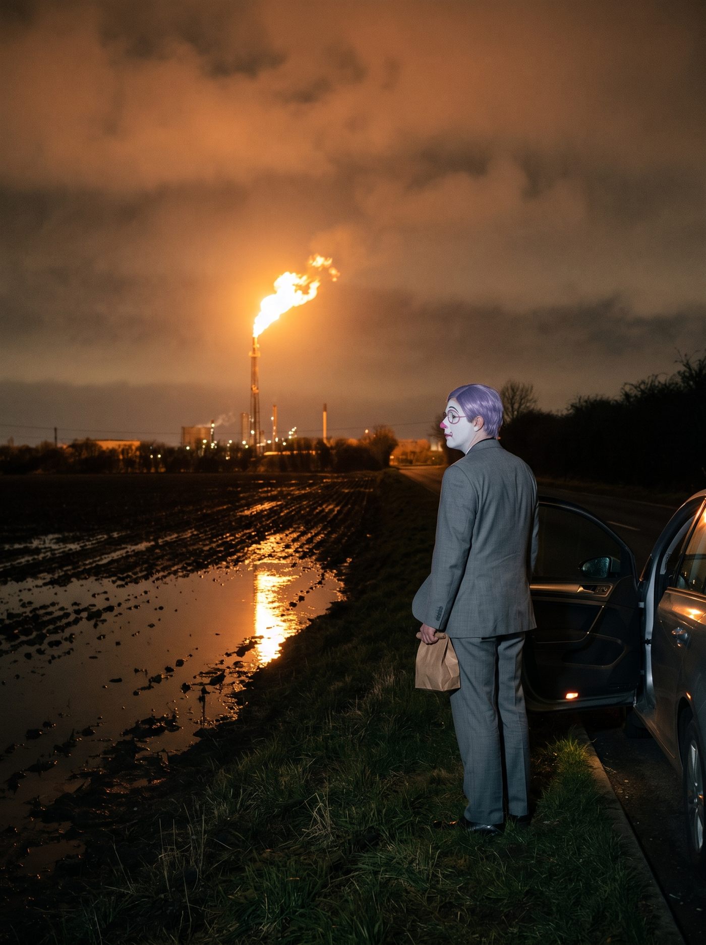 A photograph taken from a roadside verge at night, two flat fields away from an oil refinery. A single flare stack burns at the top of its tower on the far left horizon, a hard orange flame bent sideways by the wind, and it is the only real light in the landscape: it lifts the underside of the low cloud into a dull orange and throws a long unbroken reflection down a strip of standing water in the ploughed field, running from the horizon almost to the bottom of the frame. The field itself is black wet furrows. The refinery below the flame is a low line of small white lights. On the right a car is parked on the verge with its rear door standing open and its interior light on, and beside it, on the grass, a man in a grey suit stands seen from behind and turned in profile toward the flame: a tidy lavender wig, white greasepaint, rose-pink painted spectacle rings, a pink nose, a single brown paper bag held in front of him at his waist. He is watching the flare. There is nobody else in the frame.