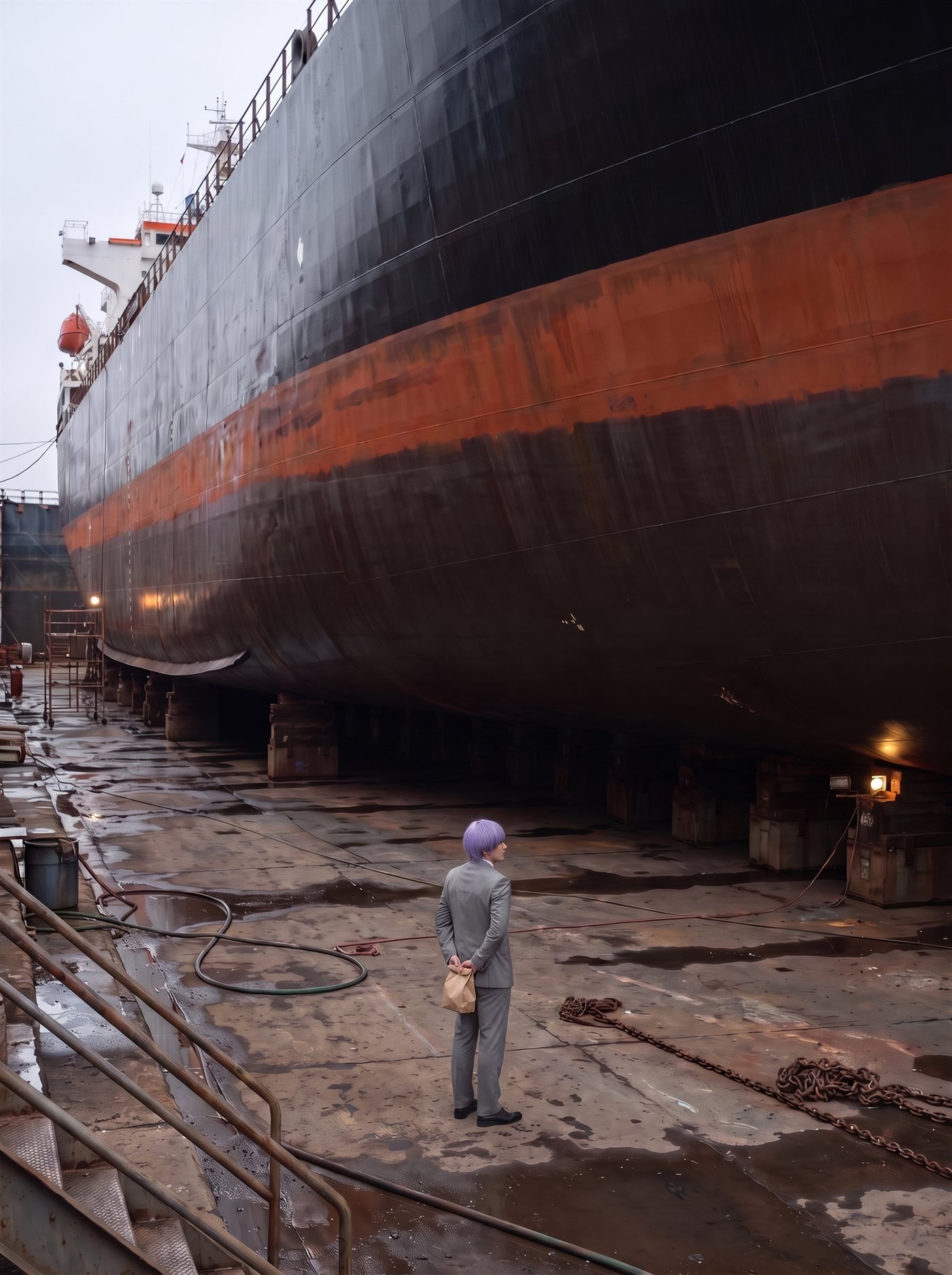 A photograph of the floor of a drained shipyard dry dock at the end of a grey afternoon in late March 2026. The water has been pumped out entirely. The steel hull of a cargo ship stands high above on rows of wooden keel blocks, filling most of the frame, its bottom plating exposed. Running the whole length of the hull, far above head height, is a broad horizontal band of dull rust-orange paint — the waterline, marking exactly how high the water used to come; it is the only strong colour in the photograph. Below it the plating is dark with weed and scale, and below that lies bare wet concrete with puddles, hoses and a heavy rusted chain. A man in a grey suit a half size too big stands alone on the dock floor beneath the hull, very small against the ship, seen from behind and turned slightly, head tipped back toward the rust-orange line high above him. Both hands hold a small brown paper bag at the front of his waist. A single work lamp burns on the far wall and does not reach him. The sky above the dock walls is a low grey lid.
