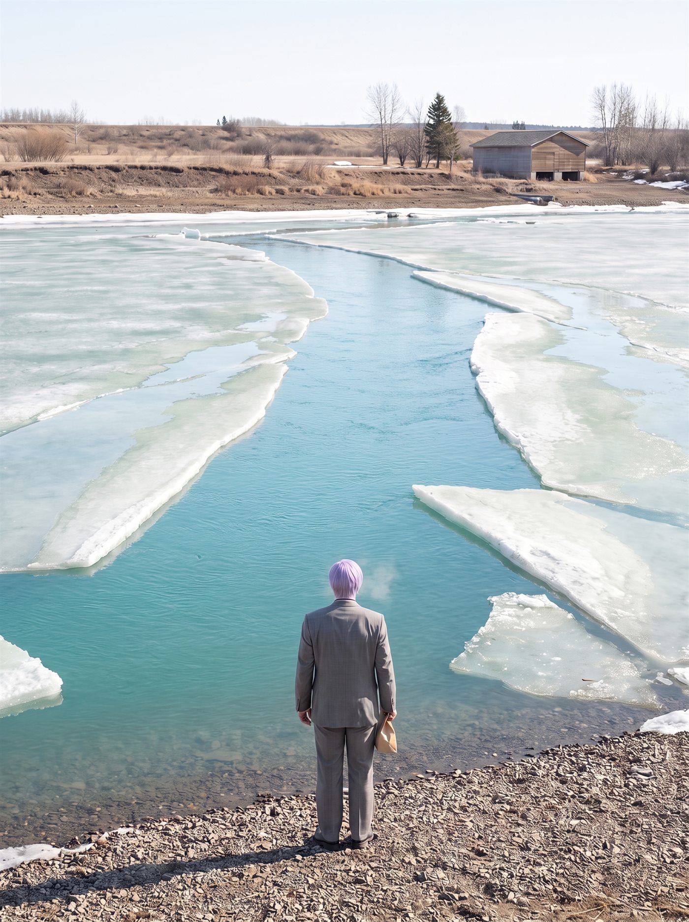 A photograph of the bank of a wide northern river at the hour the winter ice breaks up, late morning at the end of March 2026. The solid white ice sheet that has covered the river all winter has cracked from bank to bank: a long ragged channel of open water has opened down the middle, and the great pale slabs on either side are tilted and separating. The open water is the brightest thing in the frame — a hard clean blue-green, almost turquoise — running away into the distance like a road that was not there the day before. Meltwater shines on the flat ice. The far bank is low and winter-brown, with bare trees and a small grey boathouse. On the near shingle bank stands a man in a grey suit a half size too big, small in the frame and seen from behind, lavender hair, no coat, holding a small brown paper bag at the front of his waist, quite still, facing the open channel. His breath is faintly visible. There is nobody else anywhere in the picture.