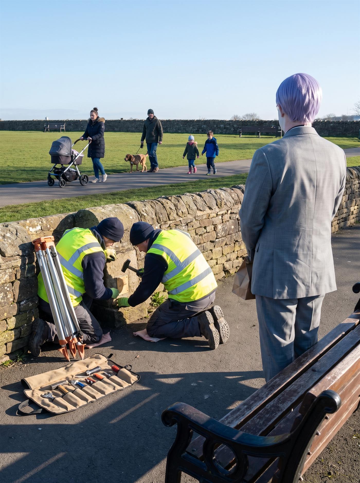 A photograph of a low stone retaining wall at the edge of a municipal park on a bright, cold spring morning. Two council workmen in high-visibility vests kneel at the foot of the wall, one holding a small brass plug against the stone and the other steadying a hammer, setting a survey mark into the base. A folded tripod leans against the wall beside them and a canvas tool roll lies open on the paving. The light is clean and low and the shadows are long and blue. Behind them the park is ordinary and busy in a mild way: a woman pushing a pram along the path, a man walking a dog, two children on the grass, none of them slowing down. Standing back on the paving a good way behind the workmen, seen from directly behind and partly hidden by a litter bin in the foreground, is a man in an off-the-rack mid-grey suit with tidy lavender side-parted hair, holding a small brown paper bag closed in both hands at his waist. He is facing the wall. The mark is being cut at the bottom of it, near the ground, where nobody will look at it again. Nobody is looking at him.